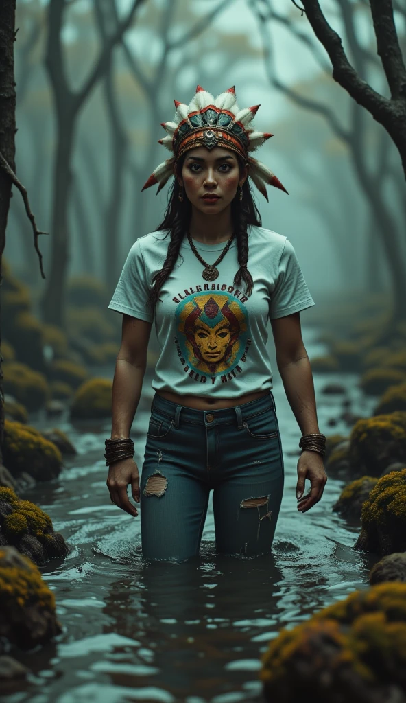 extremely detailed woman is victim of ritual,drowning waist-deep in bog, in the middle of a mysterious bog, wearing a beautiful headdress and traditional indigenous accessories, captivating fadeed high-waisted jeans and t-shirt,. The scene is of the highest quality, with 4k resolution and ultra-detailed visuals. The woman's facial expressions and body language depict her struggle and fear, while her eyes reflect the intensity of the situation. The lighting is atmospheric, casting eerie shadows throughout the bog. The colors are vivid, with a focus on earthy tones to enhance the natural environment.