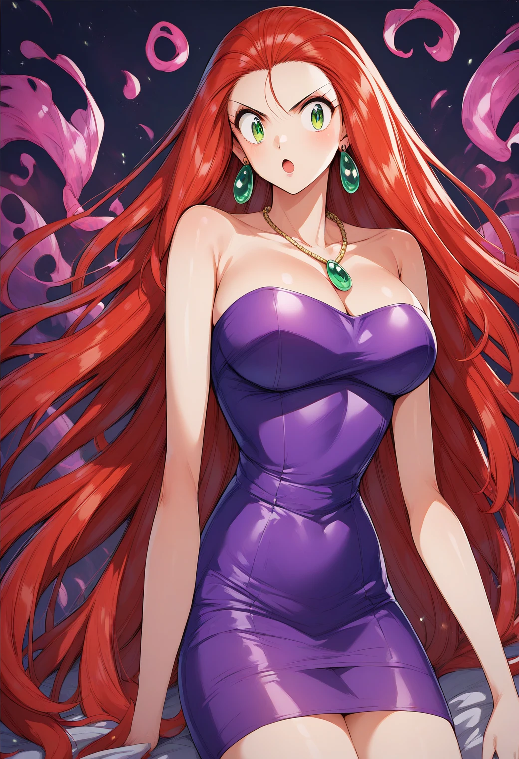 Mikami_Reiko, Green Eyes, Red Hair,  long hair, amount,  earrings for a woman alone,  Necklaces ,  clevis, Bare shoulders, Purple Dress, Short dress,  strapless dress ,  Tube Dress ,Big Breasts　Evil spirits are dispersed with a bill 、Exorcise 　Male ghost　Male ghostに襲われる