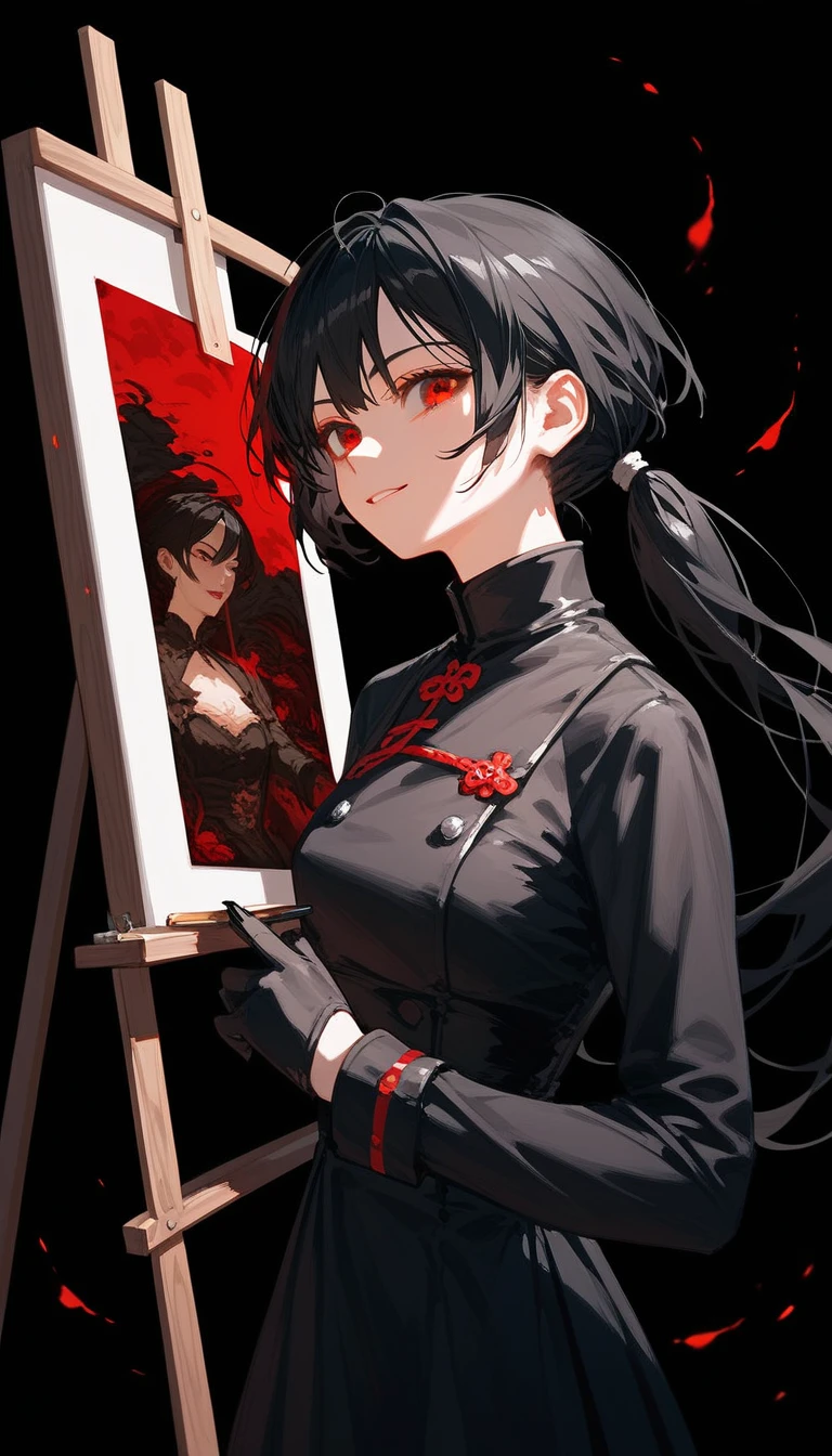 girl,Black hair, thin hair, slightly white, in red eyes , pretty short hair , long ponytail ,Paintings, Evil, Black Dress with Long Sleeves Closure, Chestnut-sized, Black long-sleeved shirt , put on black gloves, with a slight smile, black background,