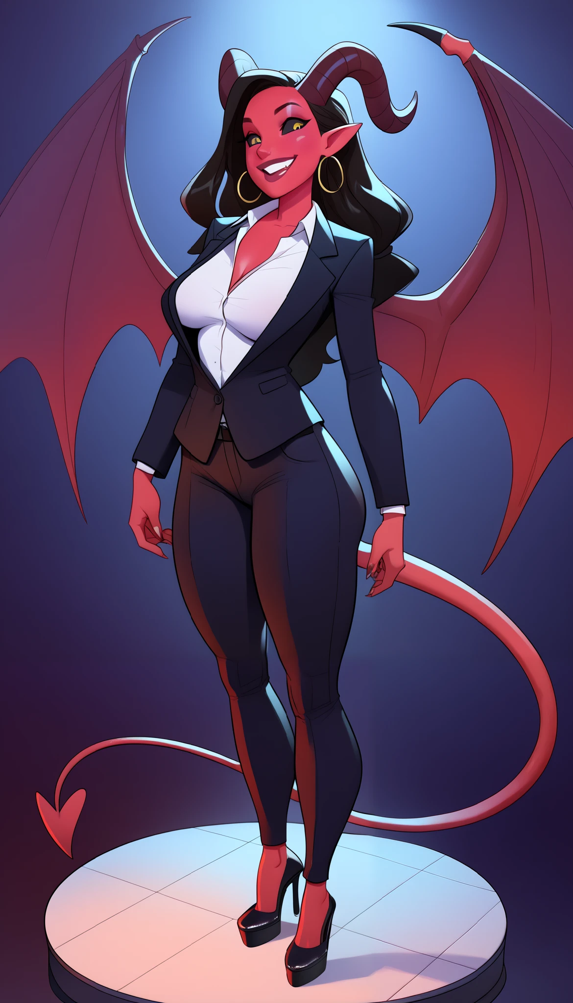 score_9, score_8_up,score_7_up, score_6_up, score_5_up, score_4_up, demon woman standing in a dark bedroom, succubus seduce in a dark bedroom, red skin, horns, devil wings, black sclera, big curved horn, long hair, Shiny high-leg slutty suit, jab style, pretty face, score_8_up, score_7_up, score_6_up, (Perfect Anatomy), Masterpiece, Ultra High Quality, 8k, masterpiece, Highest quality, Ultra-high resolution, Maximum resolution, Very detailed, Professional Lighting, anime, so beautiful, Highly detailed eye, Highly detailed face, flirty smile, full body