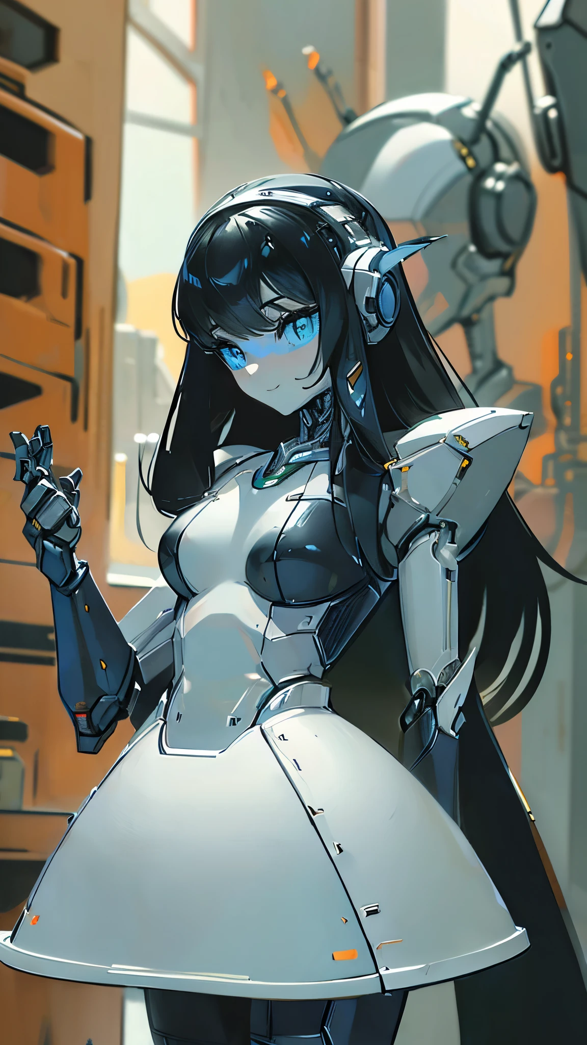 (masterpiece),(Highest quality),(Super detailed),(Best illustrations),(Best Shadow),(Absurd),(Detailed Background),(so beautiful), 16K, 8K, 4K,(Best Shadow),robotization,woman ,big bust,Robot Joint ,Metal skin,Black robot Suit,long hair,a black robot suit that covers the whole body,robot hand,cyber bodysuit,mecha head,(Detailed hands and fingers:1.2),Ball joint robot body,doll joint,beautiful face,beautiful robot girl,robotic eye,robotic hands,(no more human skin),android girl,cyborg girl,F cup, sexy body,(machine made joints:1.2),(machanical limbs:1.1),(blood vessels connected to tubes),(mechanical vertebra attaching to back),(mechanical cervial attaching to neck),no messy picture style,no emotion,tech control,black robot suit,maintenance,smile