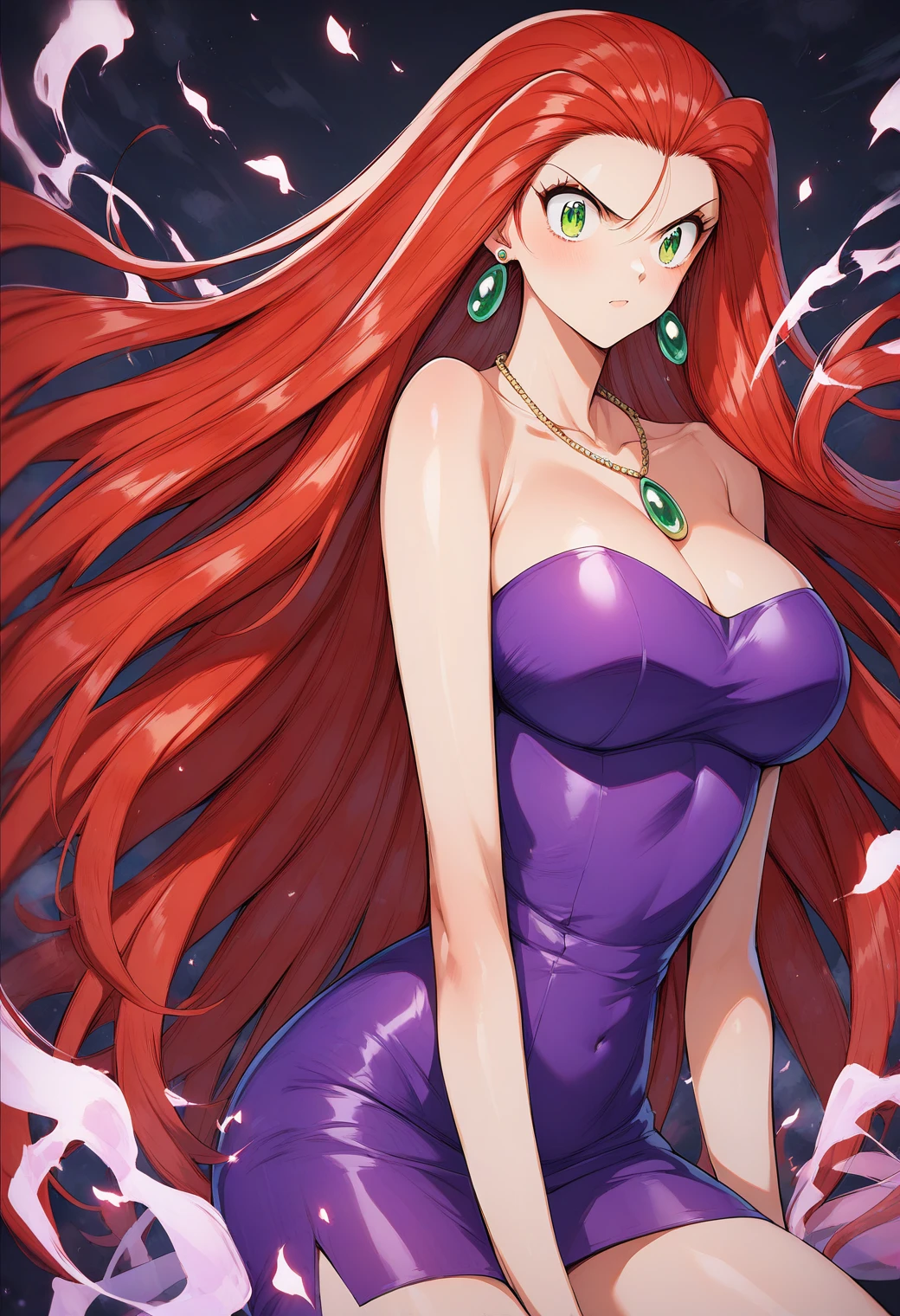 Mikami_Reiko, Green Eyes, Red Hair,  long hair, amount,  earrings for a woman alone,  Necklaces ,  clevis, Bare shoulders, Purple Dress, Short dress,  strapless dress ,  Tube Dress ,Big Breasts　Evil spirits are dispersed with a bill 、Exorcise 　Male ghost　Male ghostに襲われる