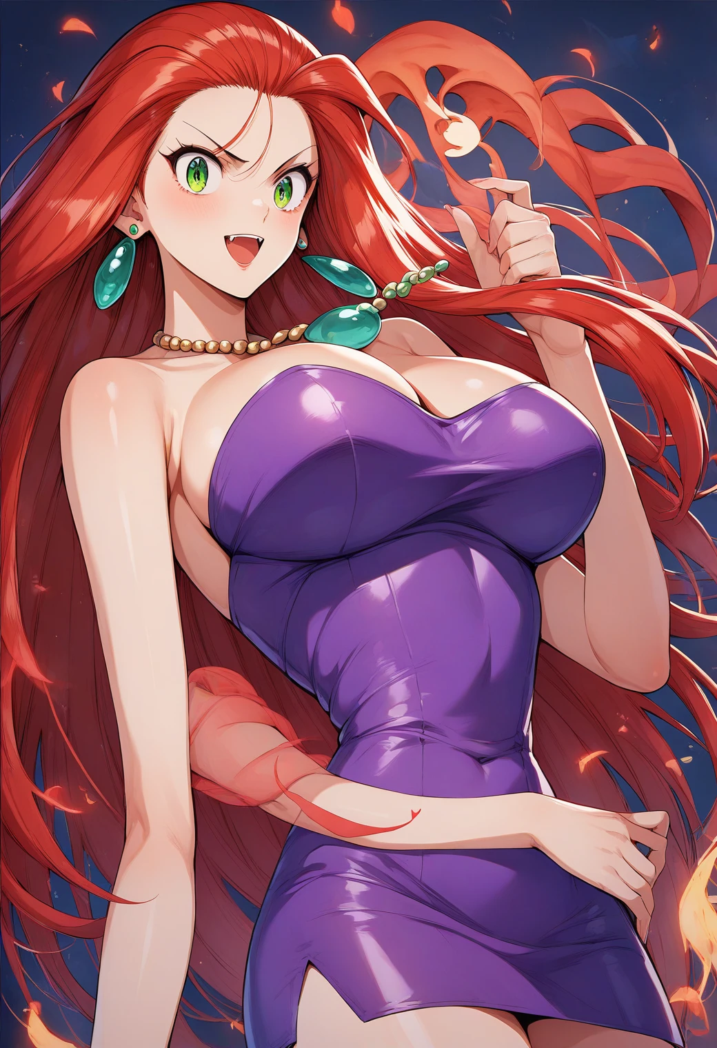 Mikami_Reiko, Green Eyes, Red Hair,  long hair, amount,  earrings for a woman alone,  Necklaces ,  clevis, Bare shoulders, Purple Dress, Short dress,  strapless dress ,  Tube Dress ,Big Breasts　Evil spirits are dispersed with a bill 、Exorcise 　Male ghost　Male ghostに襲われる