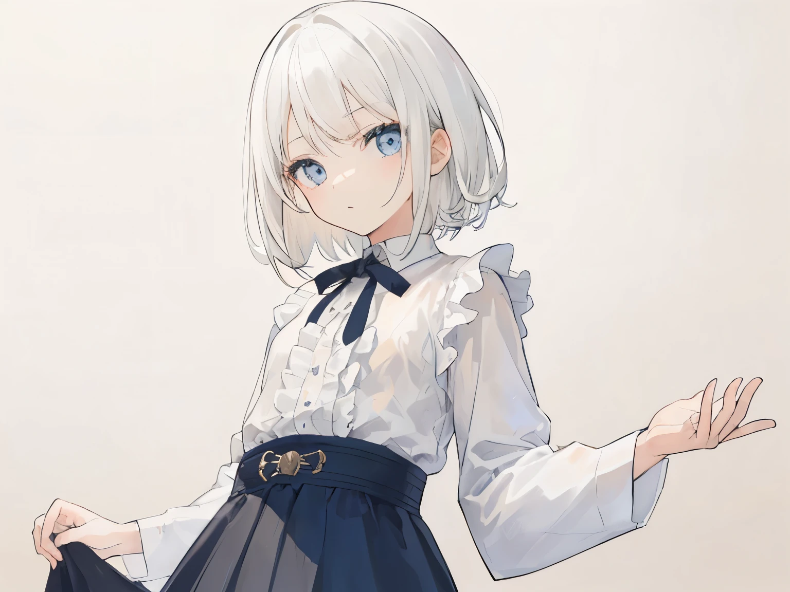 1 girl, upper body, (facing viewer, looking viewer), standing straight, (blue eyes, ((jitome)), (white hair), straight hair, short hair), (beige frilled shirt, black long skirt), (gray background), Sharp Focus, (Best Quality, masterpiece, detailed, facial focus), ((waist)), (solo shot)