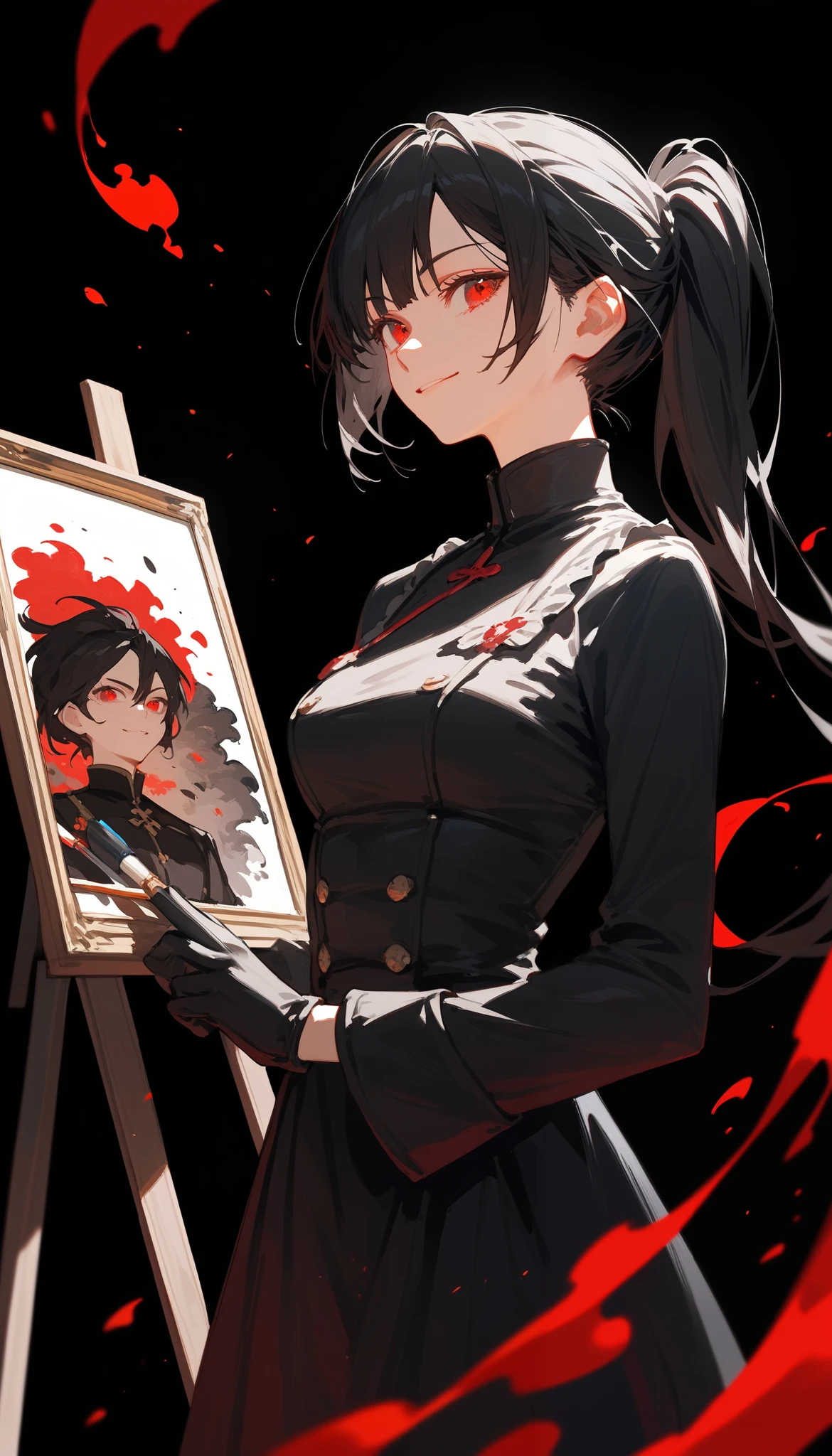 girl,Black hair, thin hair, slightly white, in red eyes , pretty short hair , long ponytail ,Paintings, Evil, Black Dress with Long Sleeves Closure, Chestnut-sized, Black long-sleeved shirt , put on black gloves, with a slight smile, black background,