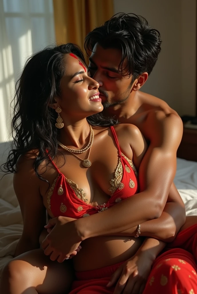 Bottomview of A beautiful gorgeous plump Indian 45-year-old topless woman without bra wearing only red sheer net panty, long hair, huge breasts, hot body curves, smiley face, white skin, standing with rose petals hugging tightly handsome clean shaved man in underwear