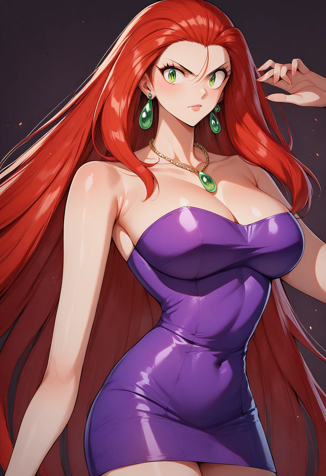 Mikami_Reiko, Green Eyes, Red Hair,  long hair, amount,  earrings for a woman alone,  Necklaces ,  clevis, Bare shoulders, Purple Dress, Short dress,  strapless dress ,  Tube Dress ,Big Breasts　Evil spirits are dispersed with a bill 、Exorcise 　Male ghost　Group