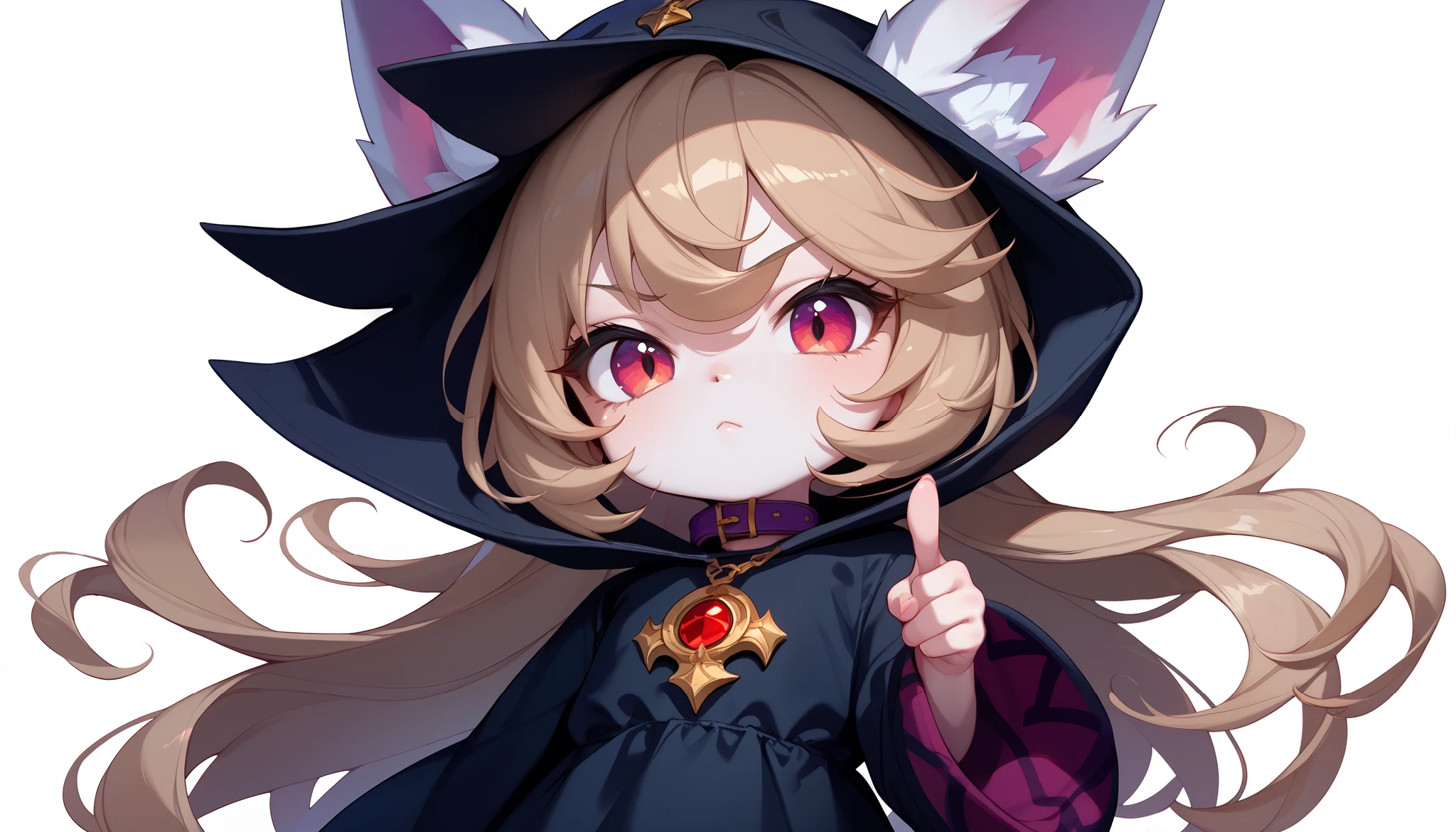 (masterpiece:1.3), (best quality:1.3), (very detailed), (anime style:0.1), game cg, anime coloring,((simple white background)),VexLoLXL,big eyes,yordle,shortstack,red eyes,((light brown hair,bangs,long hair)),shiny_skin,white_skin,white skin,black hood,hood up,ears through headwear,white animal ears,black shirt,purple collar,gold pendant top,long sleeves,black dress,long dress,bare hands,((solo)), 1girl,((cowboy shot,looking at viewer)), ((Pointing out))