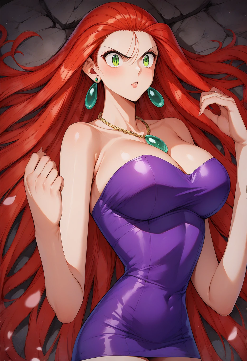 Mikami_Reiko, Green Eyes, Red Hair,  long hair, amount,  earrings for a woman alone,  Necklaces ,  clevis, Bare shoulders, Purple Dress, Short dress,  strapless dress ,  Tube Dress ,Big Breasts　Evil spirits are dispersed with a bill 、Exorcise 　Male ghost　Group　ruins　Otoko no Satan