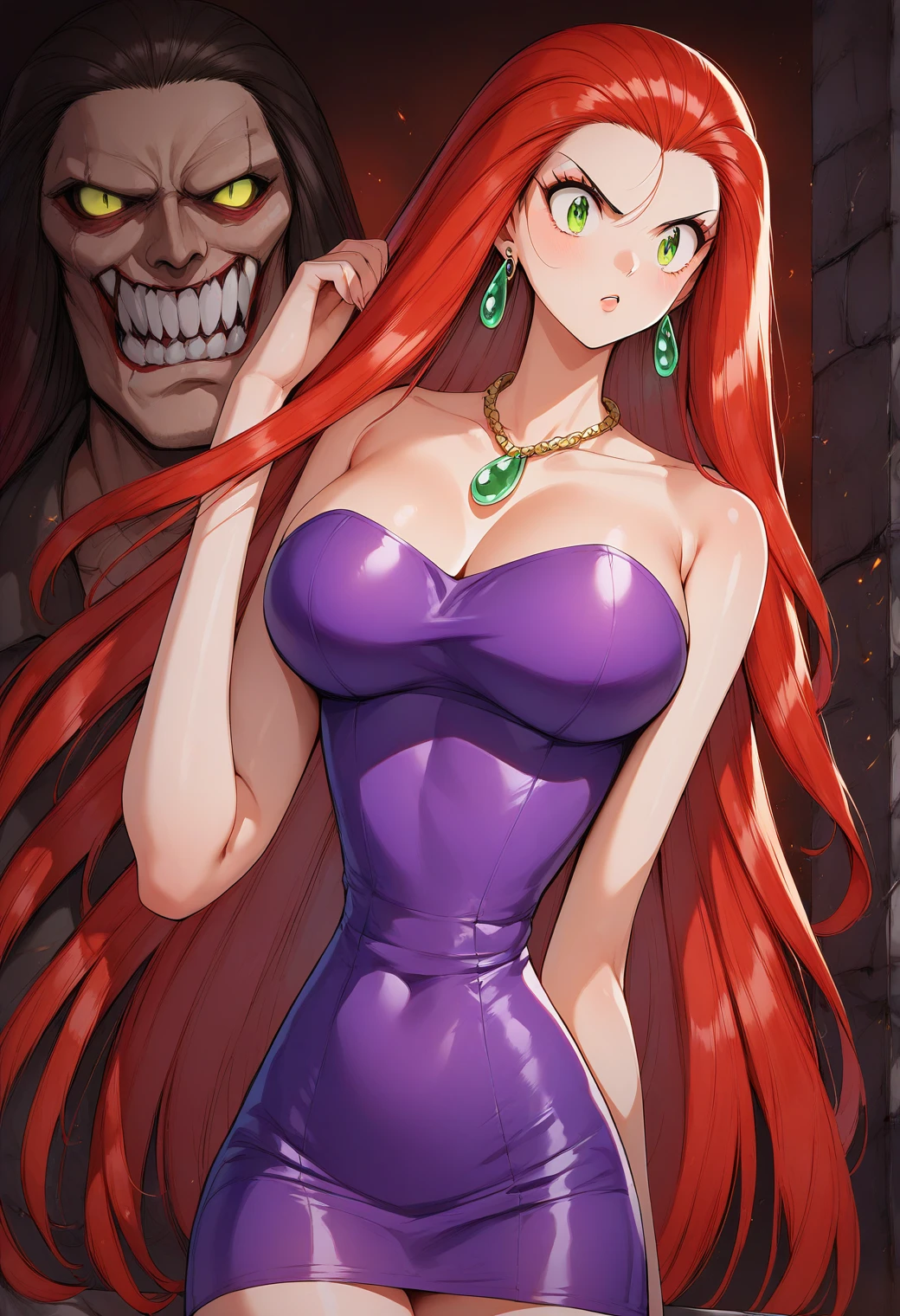 Mikami_Reiko, Green Eyes, Red Hair,  long hair, amount,  earrings for a woman alone,  Necklaces ,  clevis, Bare shoulders, Purple Dress, Short dress,  strapless dress ,  Tube Dress ,Big Breasts　Evil spirits are dispersed with a bill 、Exorcise 　Male ghost　Group　ruins　Otoko no Satan