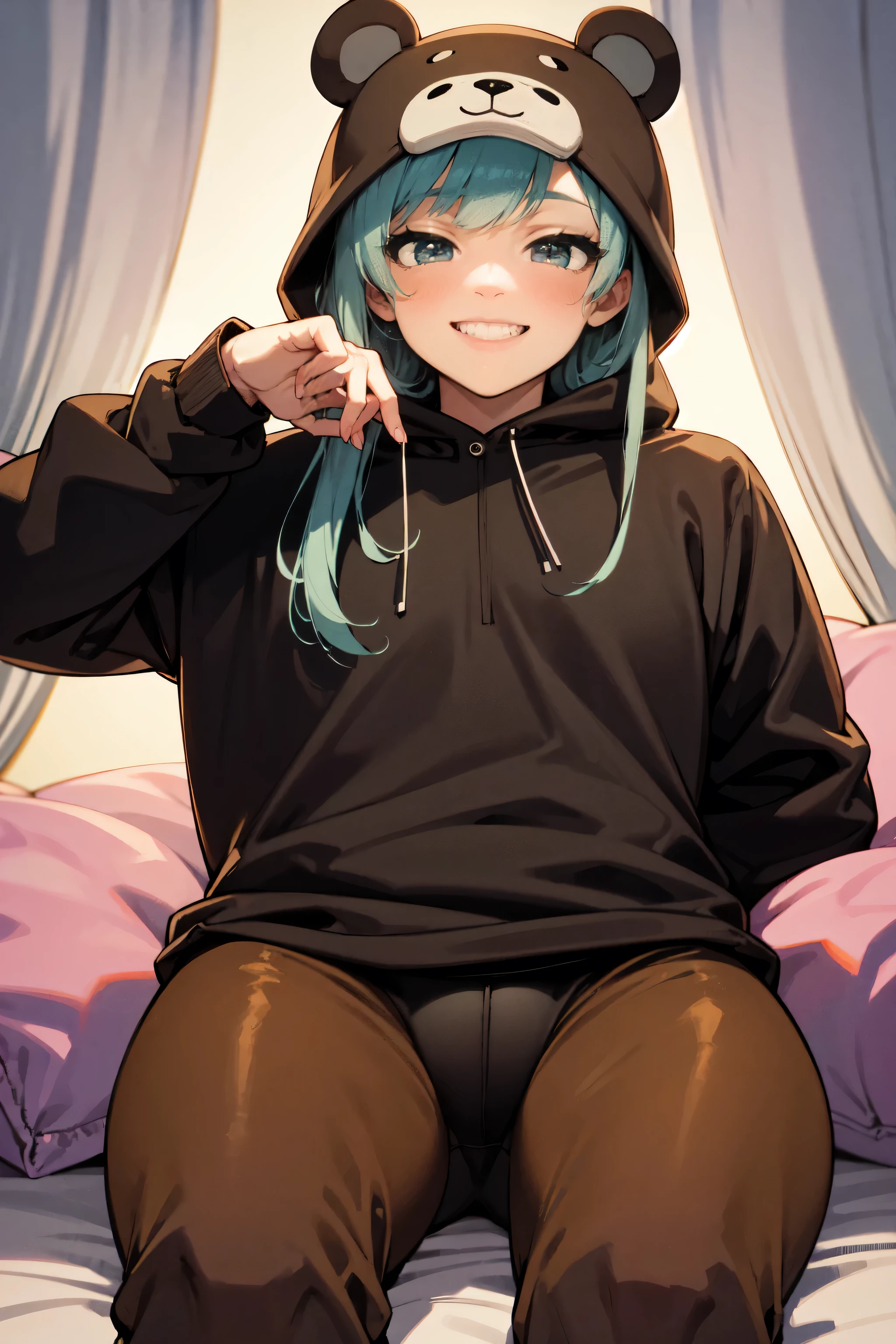 beautiful, (masterpiece), best quality, (extremely detailed face), extremely detailed eyes,  perfect lighting, OverallDetail, detailed, deep skin,textured skin,
,bear costume ,black bear costume, long sleeves, hood up,,mallow , long hair, green eyes, big smile,on bed ,sitting between pillows,
,