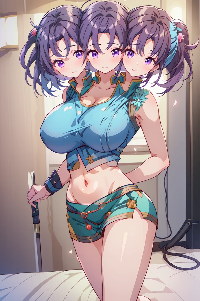 (masterpiece, best quality), best resolution, (3heads:2.0), 1girl, 16k resolution, highres, ultra quality, ultra resolution, ultra detail, FEFir, dark violet hair, ponytail, smiling, soft smile, open belly, light blue-white crop top, light blue miniskirt, revealing myrmidon attire, open breasts, very huge breasts, sexy pose, adult woman, (revealing myrmidon attire:1.5), 
