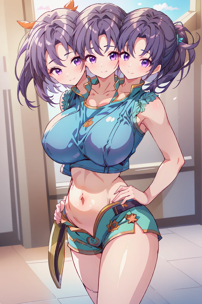 (masterpiece, best quality), best resolution, (3heads:2.0), 1girl, 16k resolution, highres, ultra quality, ultra resolution, ultra detail, FEFir, dark violet hair, ponytail, smiling, soft smile, open belly, light blue-white crop top, light blue miniskirt, revealing myrmidon attire, open breasts, very huge breasts, sexy pose, adult woman, (revealing myrmidon attire:1.5), 
