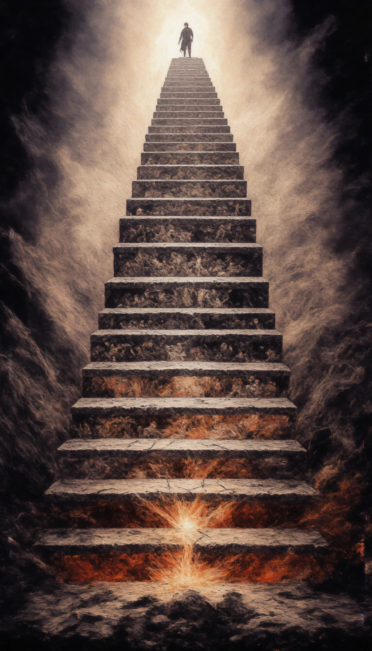 A detailed symbolic artwork representing the journey of overcoming addiction, structured as a vertical ladder with progressive levels. The bottom steps are dark, chaotic, and ominous, surrounded by depictions of lustful activities, sins, greed, and despair. These steps are cracked and broken, symbolizing struggle and temptation. As the ladder ascends, the steps begin to fade from darkness to light, with soft transitions. The middle steps depict breaking free, symbolized by broken chains and rays of light piercing through. The upper steps are surrounded by vibrant and positive imagery of growth, welfare, and self-improvement, with blooming flowers, glowing hearts, and clear skies. The top step radiates pure light, showing triumph and serenity. The entire image is in portrait format (9:16) with a motivational and transformative tone.