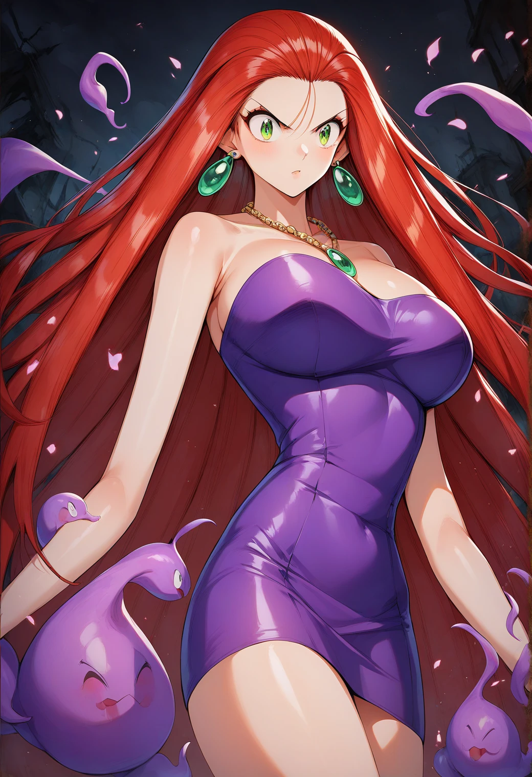 Mikami_Reiko, Green Eyes, Red Hair,  long hair, amount,  earrings for a woman alone,  Necklaces ,  clevis, Bare shoulders, Purple Dress, Short dress,  strapless dress ,  Tube Dress ,Big Breasts　Evil spirits are dispersed with a bill 、Exorcise 　Male ghost　Group　ruins　Otoko no Satan　The kick hits the body