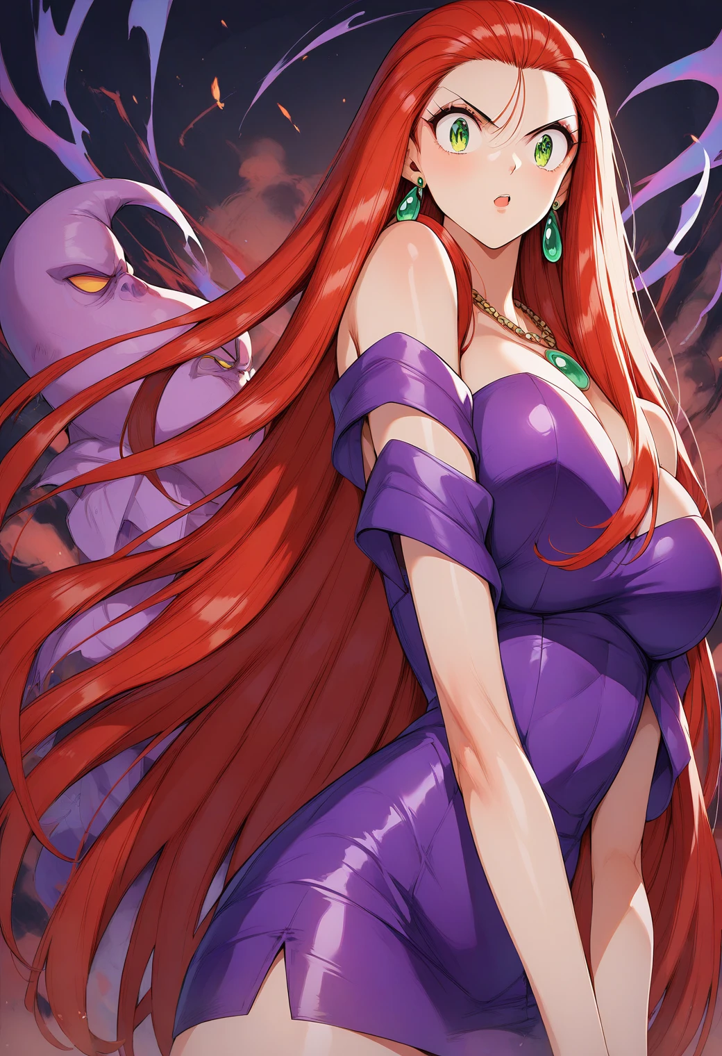 Mikami_Reiko, Green Eyes, Red Hair,  long hair, amount,  earrings for a woman alone,  Necklaces ,  clevis, Bare shoulders, Purple Dress, Short dress,  strapless dress ,  Tube Dress ,Big Breasts　Evil spirits are dispersed with a bill 、Exorcise 　Male ghost　Group　ruins　Otoko no Satan　The kick hits the body