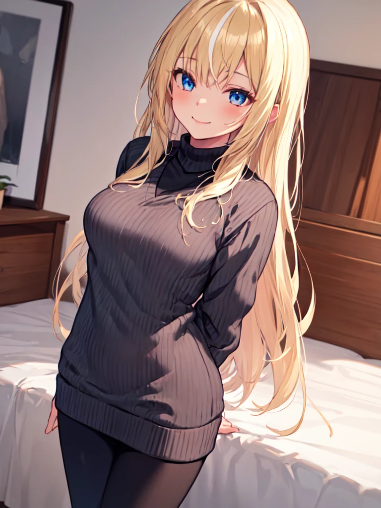  1 girl , solo, Blonde,  long hair, Straight Hair, Beautiful breasts, medium chest ,Black sweater,V-neck sweater, sweater dress,leggings, blue eyes, Droopy eyes,  smiles, closes her mouth,  Seductive Smile , standing,Hands Behind Back, high definition ,  simple background, bedroom, best quality,  anatomically correct, masterpiece,