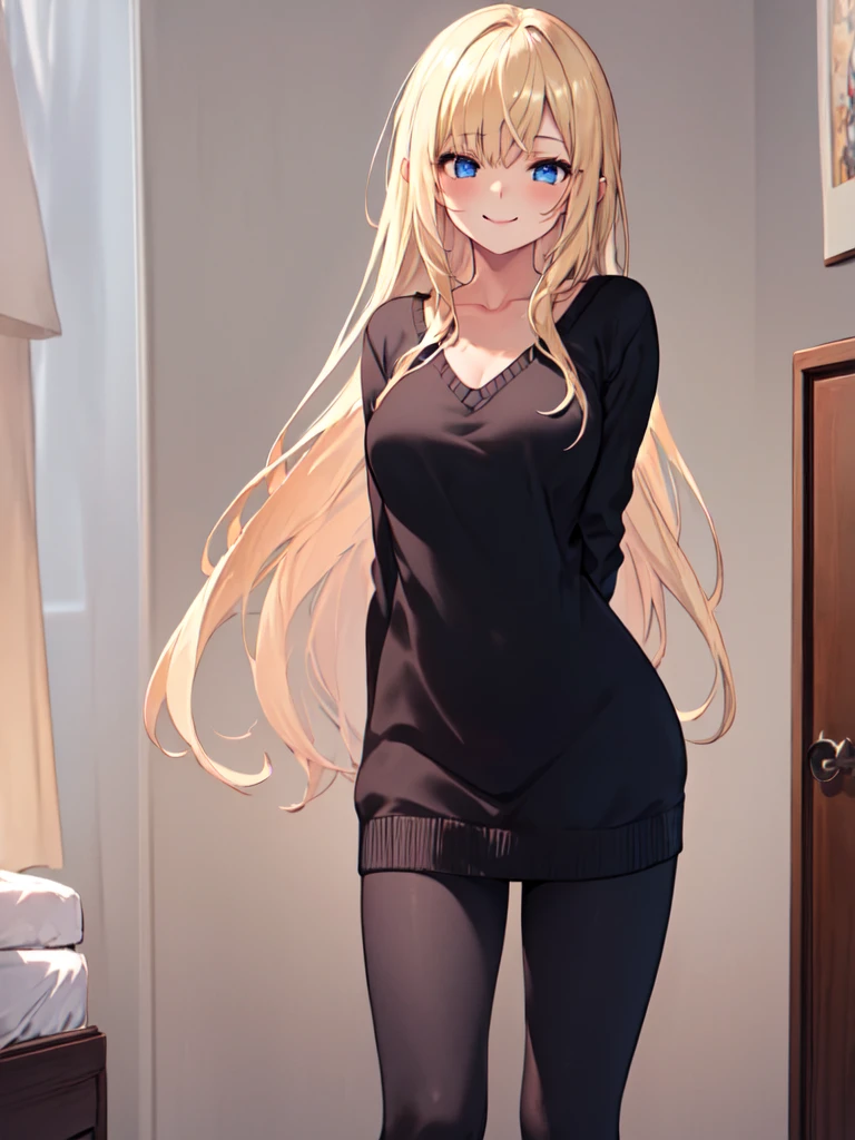  1 girl , solo, Blonde,  long hair, Straight Hair, Beautiful breasts, medium chest ,Black sweater,V-neck sweater, sweater dress,leggings, blue eyes, Droopy eyes,  smiles, closes her mouth,  Seductive Smile , standing,Hands Behind Back, high definition ,  simple background, bedroom, best quality,  anatomically correct, masterpiece,