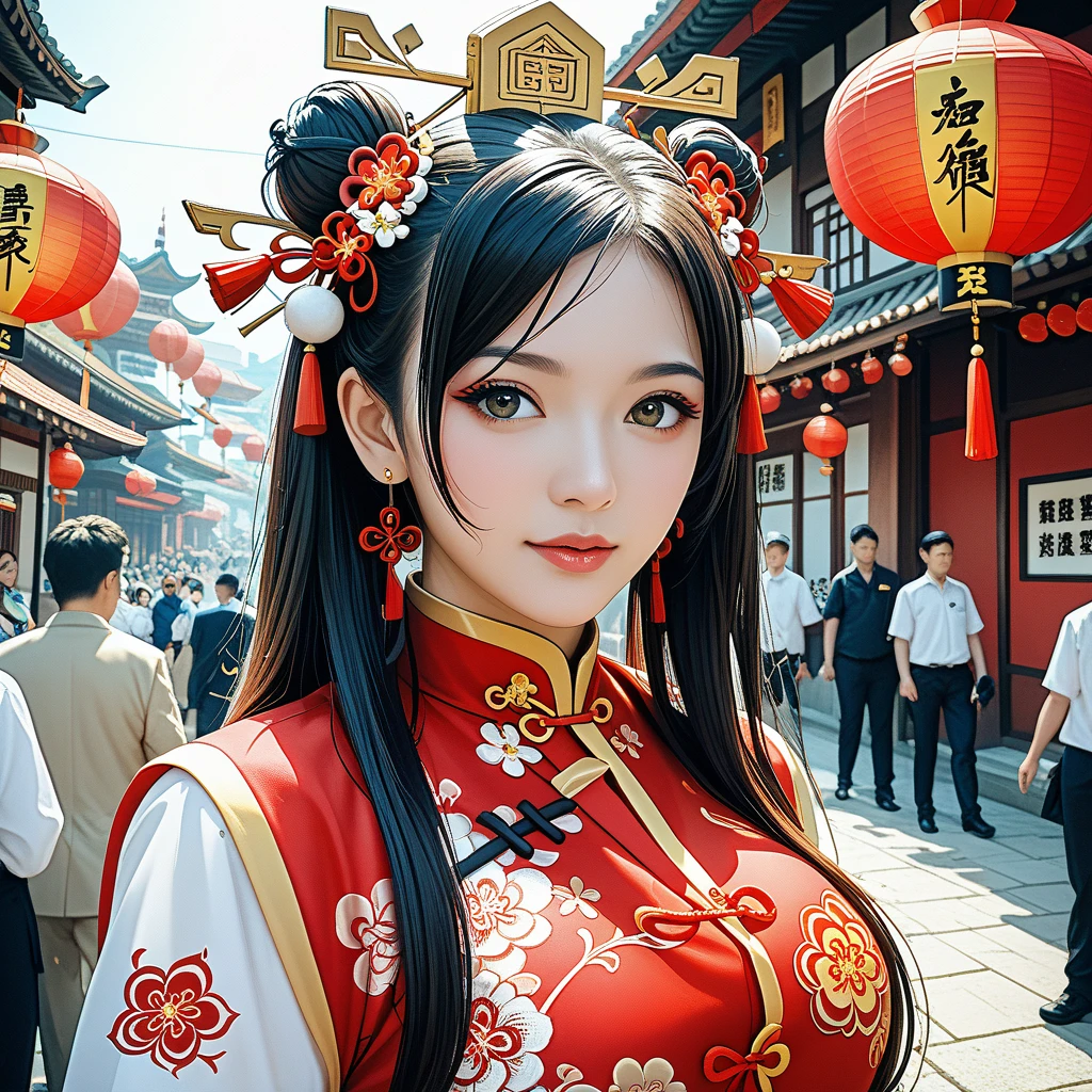 (((完美figure,figure,red hanfu,Winter Hanfu,Chinese clothes,red clothes,red background,dragon,(Chinese fabric:1.2), hanfu,Big red lanterns hung high, Dragon and girl,dragon帽兜,(((ailisha,Brown pupils,1girl,solo,long black hair,Exposing bangs ))),(((wide hips))),S型figure:1.7))),((masterpiece)),high resolution, ((Best quality at best)),masterpiece,quality,Best quality,((( Exquisite facial features,looking at the audience,There is light in the eyes,blush,shy,Happy,laughing out loud))),(((Light and shadow interlace,huge ))),(((looking into camera,fighting stance)))