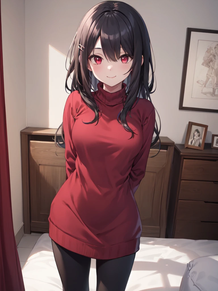  1 girl , solo,  black hair,  long hair,  hair to hide one eye, Straight Hair, Beautiful breasts, medium chest ,Red sweater, sweater dress,leggings, red eyes, Slanted Eyes,His right eye is hidden by his hair, smiles,  closes her mouth,  Seductive Smile ,  standing,Hands Behind Back, high definition ,  simple background, bedroom, best quality,  anatomically correct, masterpiece,