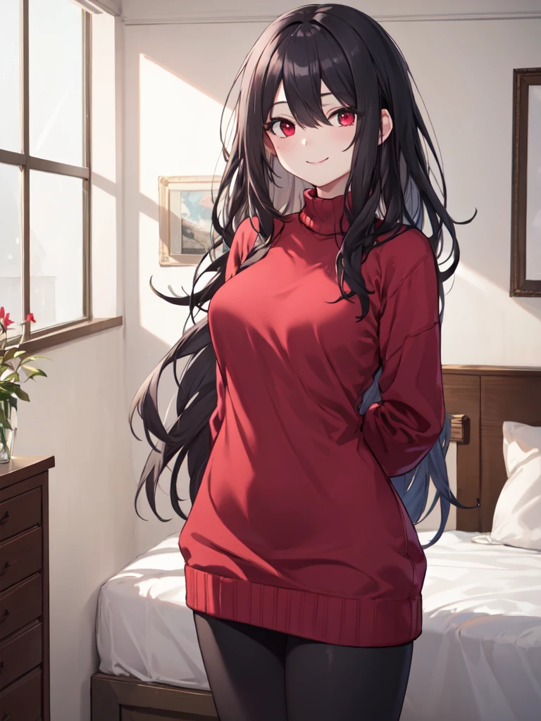  1 girl , solo,  black hair,  long hair,  hair to hide one eye, Straight Hair, Beautiful breasts, medium chest ,Red sweater, sweater dress,leggings, red eyes, Slanted Eyes,His right eye is hidden by his hair, smiles,  closes her mouth,  Seductive Smile ,  standing,Hands Behind Back, high definition ,  simple background, bedroom, best quality,  anatomically correct, masterpiece,