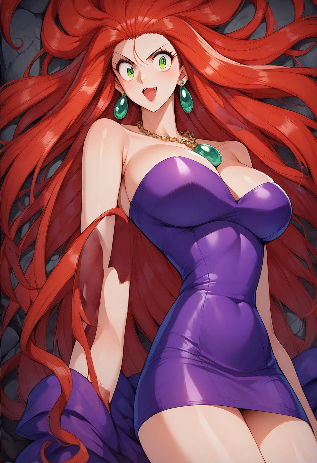 Mikami_Reiko, Green Eyes, Red Hair,  long hair, amount,  earrings for a woman alone,  Necklaces ,  clevis, Bare shoulders, Purple Dress, Short dress,  strapless dress ,  Tube Dress ,Big Breasts　Evil spirits are dispersed with a bill 、Exorcise 　Male ghost　Group　ruins　Otoko no Satan　The kick hits the devil's body