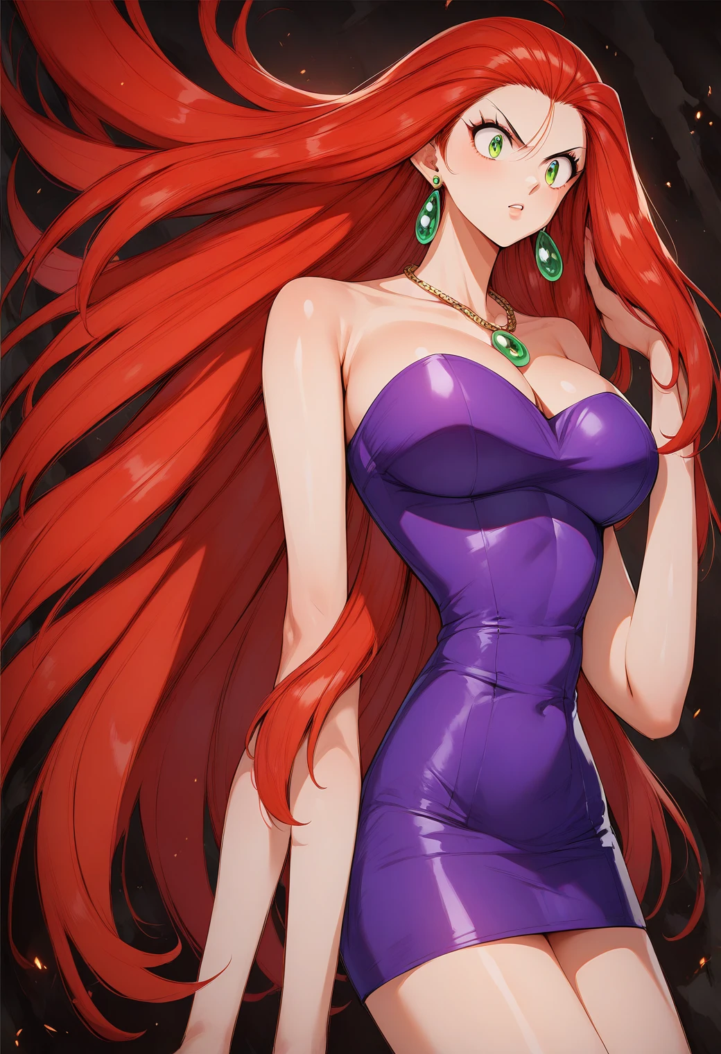 Mikami_Reiko, Green Eyes, Red Hair,  long hair, amount,  earrings for a woman alone,  Necklaces ,  clevis, Bare shoulders, Purple Dress, Short dress,  strapless dress ,  Tube Dress ,Big Breasts　Evil spirits are dispersed with a bill 、Exorcise 　Male ghost　Group　ruins　Otoko no Satan　The kick hits the devil's body