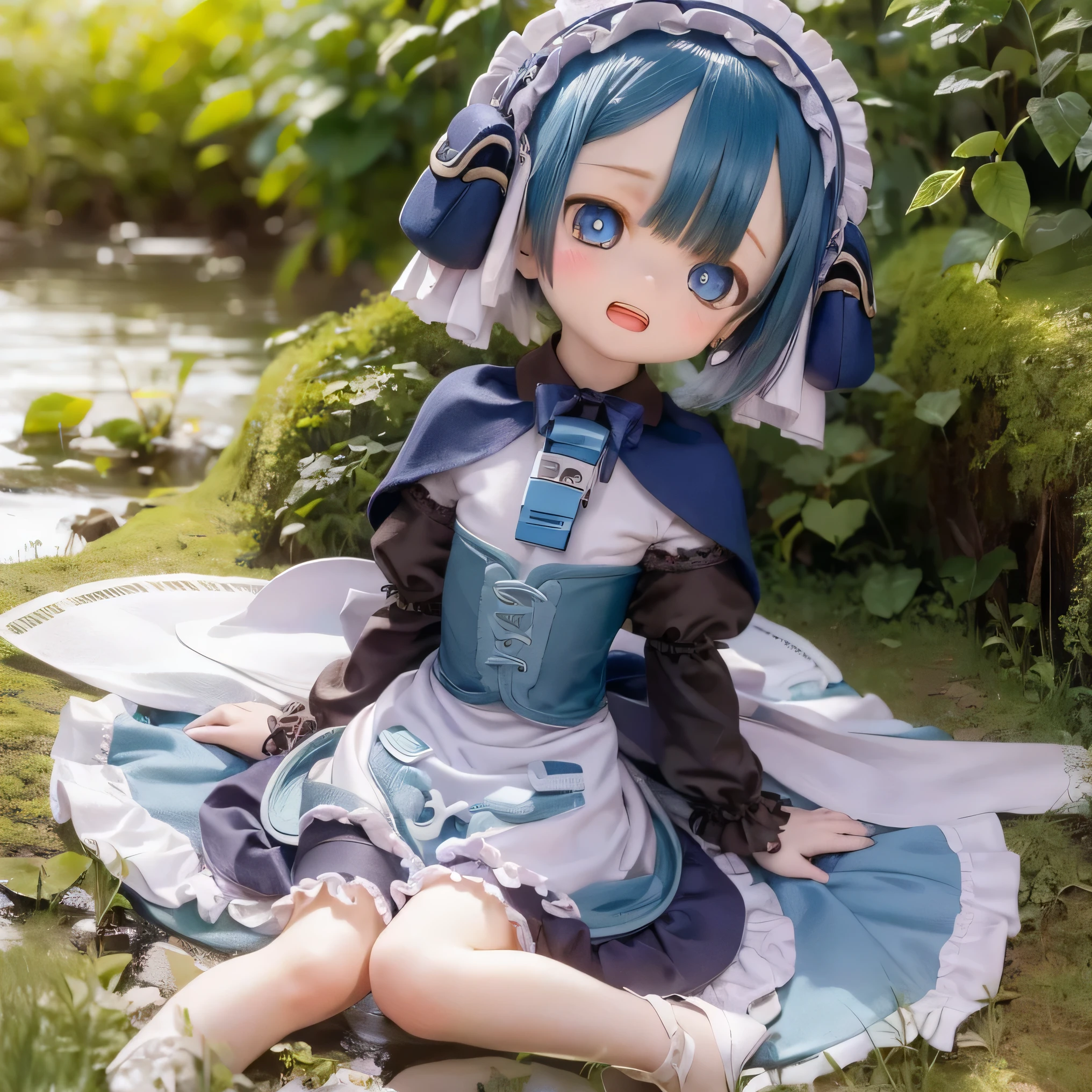 (              best quality ,               kampala   ,           Masterpiece     :1.2),              very detailed  ,  realistic  :1.37,            Made in Abyss ,(              best quality ,   , 4K,               very detailed  ,           Masterpiece     :1.2),   realistic  ,      ,             bright color,     Concentration        ,               studio lighting   ,               very detailed   explanation,    Professional  , Anime, Shades of blue,            natural light,              girl, Blue Curly Hair,               flat chested, Gothic Costume,          innocent expression            ,                        Elegant Appearance                       ,                    Has long eyelashes on her face similar to {x}  ,        Expressive eyes                  ,            Rosy Cheeks,             soft lighting      ,            There's a dreamy vibe on the surface of the water      ,     I'm wearing lots of gothic lolita clothes、 those clothes showed my legs in high resolution 、(((かわいい立ち pose  )))  (((((whole body)))))    、          dress     、(((((Chibi))))) Laughter、  pose