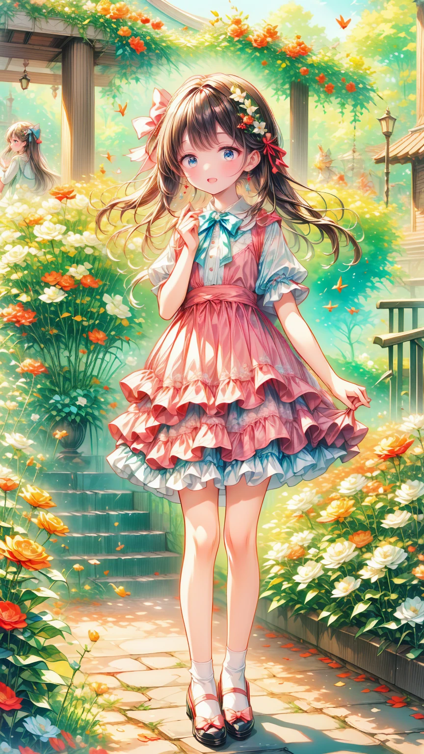  best quality,  Masterpiece ,  realistic , photo realistic , 1people々of***, 一peopleで, smile,  black hair,  long hair,  standing, whole body, cyb  dress,  dress, pink  dress, layered  dress, frilled  dress, Short sleeve, Bloomers , white Bloomers , ribbon, bowtie, frills, bow,  dress bow, heart symbol  , hair bow,  hair ornament,  ruffle socks , プラットフォームofヒール , amusement park, people々々,  detailed background,
