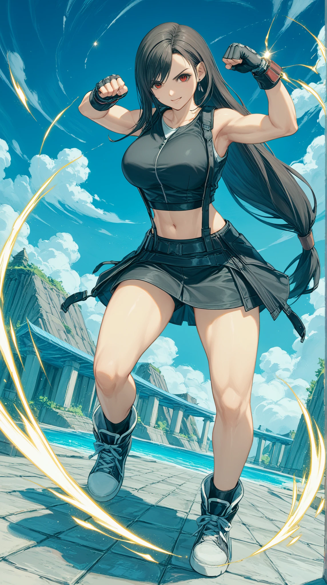 ,solo,1girl\(cute,beauty,acTif,tifa7re, brown eyes, black hair, long hair, black shirt, black tank top, zipper, black skirt, midriff, black shorts, black gloves, arm ribbon, black sneakers,fighting stance,dynamic pose, (dynamic action:1.3),(limit break:1.3),(muscularity:1.3),(athletic:1.3),muscular,toned\). background\(cosmic,lifestream,spirit energy, mana\),(dynamic angle:1.3). score_9, score_8_up, score_7_up, score_6_up, score_5_up, score_4_up, source_anime,source_furry,rating_safe,rating_questionable,masterpiece, best quality, perfect anatomy , very aesthetic , absurdres ,