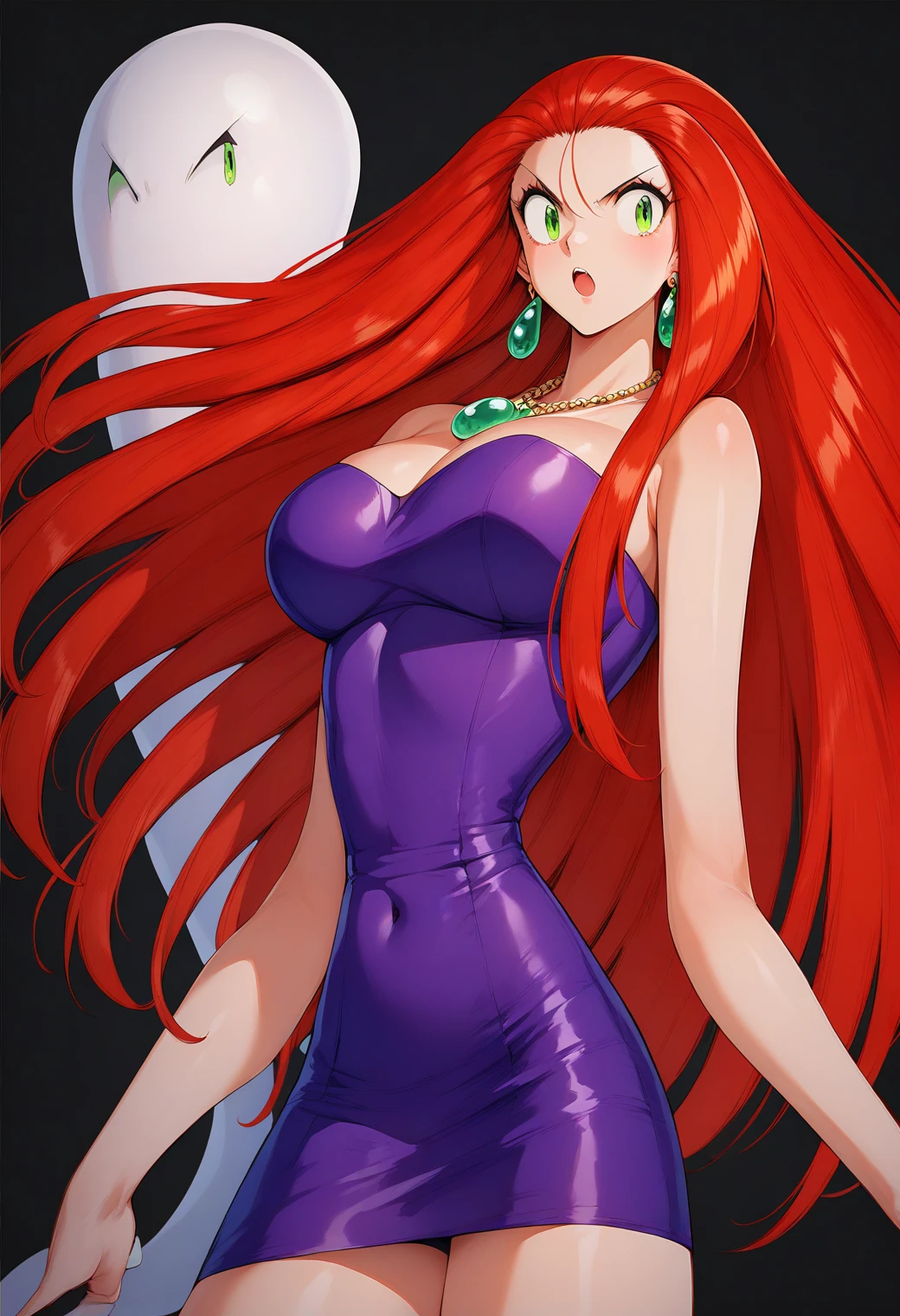 Mikami_Reiko, Green Eyes, Red Hair,  long hair, amount,  earrings for a woman alone,  Necklaces ,  clevis, Bare shoulders, Purple Dress, Short dress,  strapless dress ,  Tube Dress ,Big Breasts　Evil spirits are dispersed with a bill 、Exorcise 　Male ghost　Group　ruins　Otoko no Satan　The kick hits the devil's body　Battle with demons