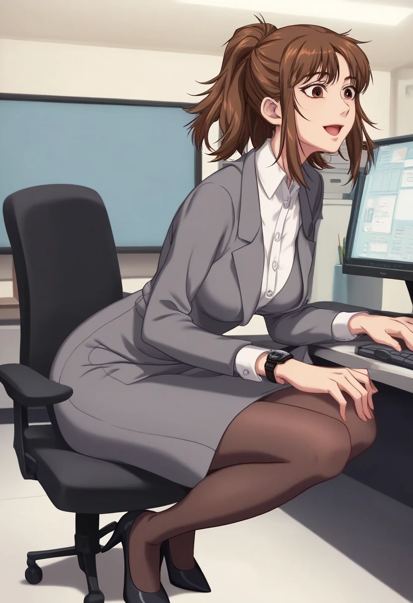  1 girl , adult woman,OL,Brown Hair, medium hair, ponytail ,bangs, Brown Eyes ,clavicle, normal breasts, grey jacket ,Black dress shirt, Grey Flared Skirt, black pantyhose,Black heels, office,machine,chair, Computer , Head to Knee, face forward,smile,Open your eyes, open her mouth , watch viewers, solo focus, (shiny skin),  anatomically correct,  high definition , accurate, 最 High Quality ,  high detail,  high definition model ,  High Quality ,  Ultra High Definition,  textured skin ,  8k octane,