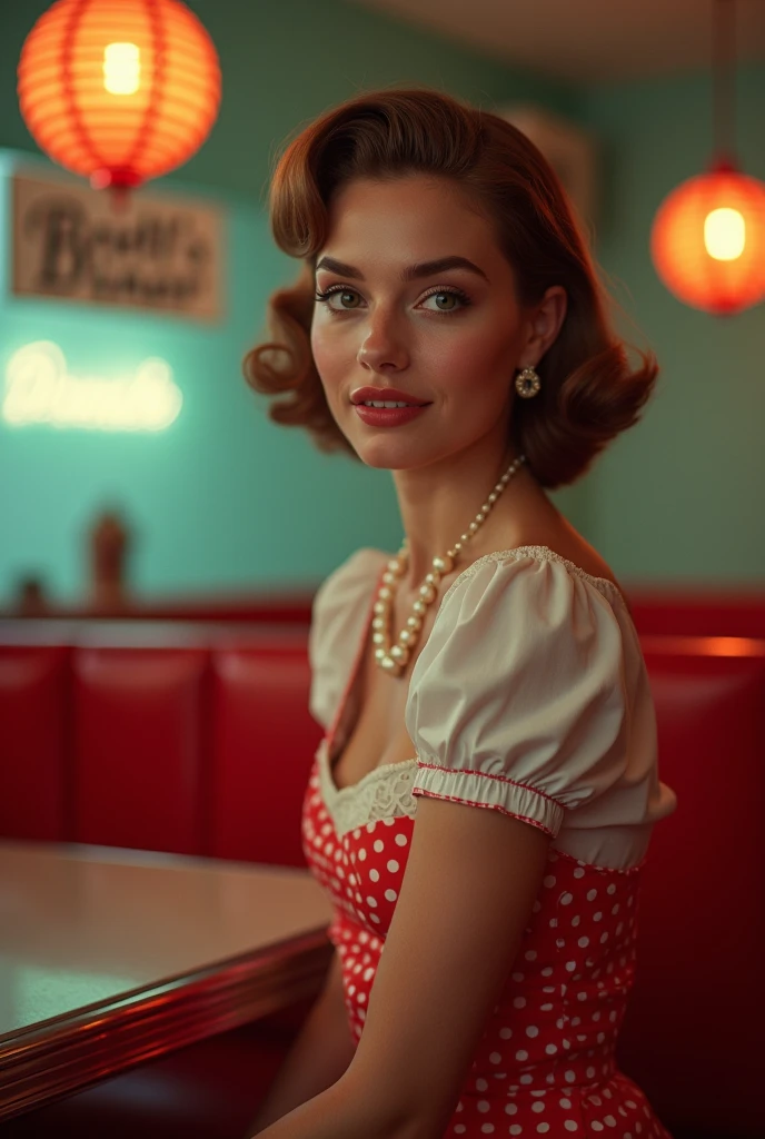 (medium full shot) of (stunning 1940s pin-up girl) young woman, brazilian, tan skin, hazel eyes, petite build, short ginger updo hair, wearing a classic beige sleeveless blouse, high-waisted trousers, peep-toe heels, red lipstick, cat-eye sunglasses, set in the year 1940s, in a stylish diner, with elegant decor, plush seating, vintage lighting, chic ambiance, at night, Masterpiece,best quality, photo, realistic, very aesthetic, detailed face,