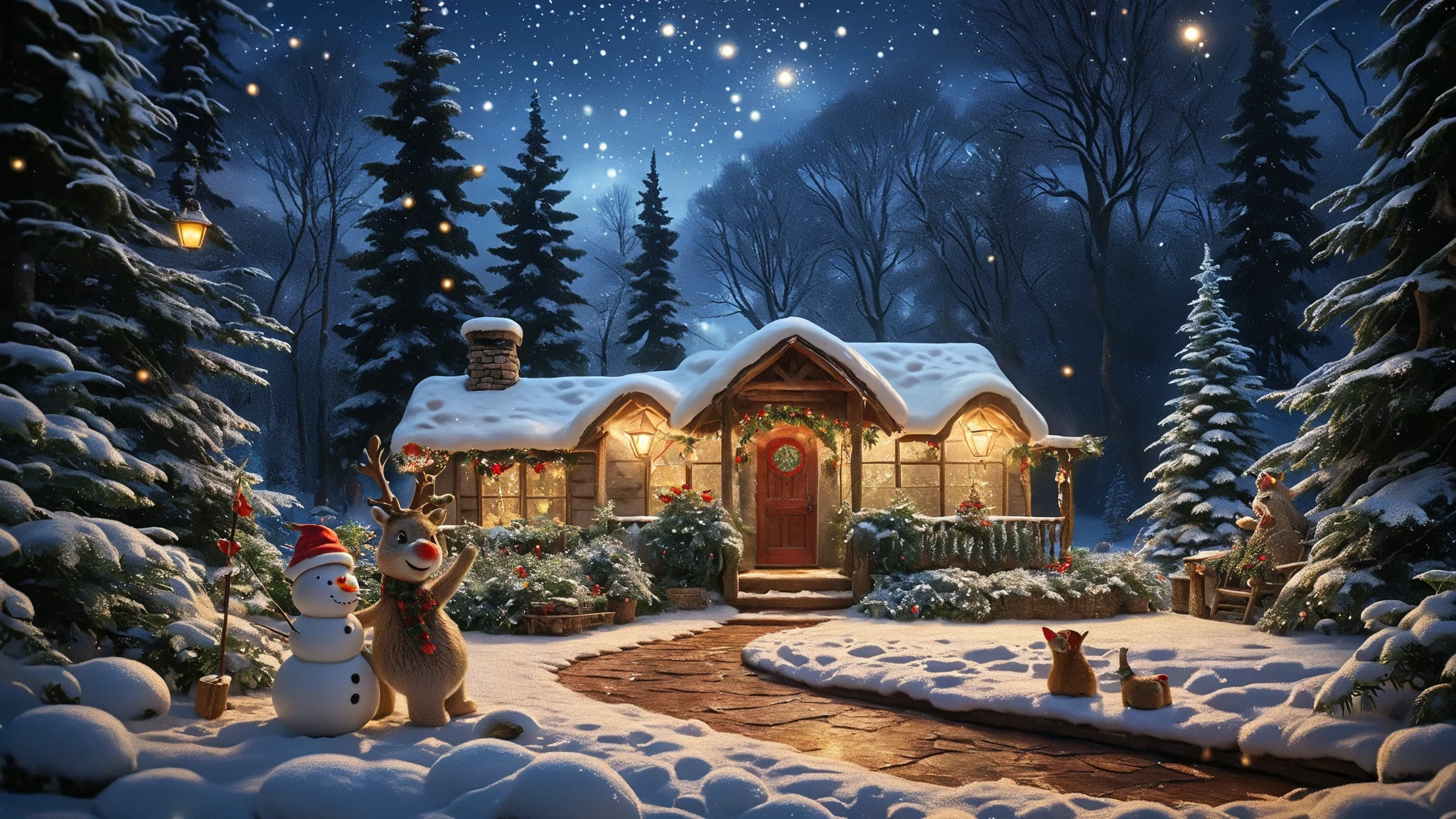 Rudolph\( Red-Nosed Reindeer\) and Frosty the Snowman\(corncob pipe, button nose, coal eyes,an old silk hat\) in the front of beautiful Christmas tree, starry night,. BREAK .quality\(8k,wallpaper of extremely detailed CG unit, high resolution, top-quality, top-quality real texture skin, hyper realistic, increase the resolution, RAW photos, best quality, highly detailed, the wallpaper, golden ratio, high saturation realism, vibrant colors, dramatic lighting, persuasive storytelling, atmospheric scenery, captivating visuals, intricate details, strong emotions, dreamlike world\),landscape,