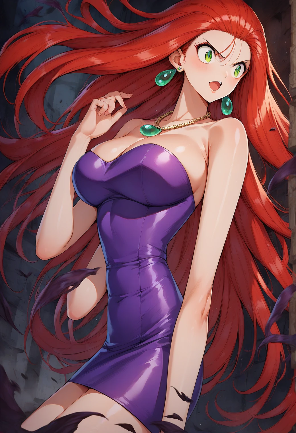 Mikami_Reiko, Green Eyes, Red Hair,  long hair, amount,  earrings for a woman alone,  Necklaces ,  clevis, Bare shoulders, Purple Dress, Short dress,  strapless dress ,  Tube Dress ,Big Breasts　Evil spirits are dispersed with a bill 、Exorcise 　Male ghost　Group　ruins　Otoko no Satan　The kick hits the devil's body　Battle with demons　 side view