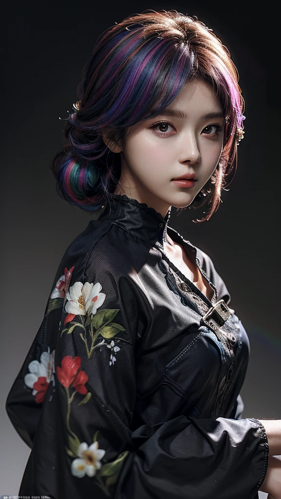 (  colorful large silhouette top,  everyday clothing and mode type  :1.0), 8k wallpaper, wonderful, (masterpiece), (  top quality), ( VERY DETAILED ), (illustration), (  very detailed and beautiful  ),dynamic angle,rainbow hair  , Detailed and cute face  ,  very detailed and beautiful  girl,