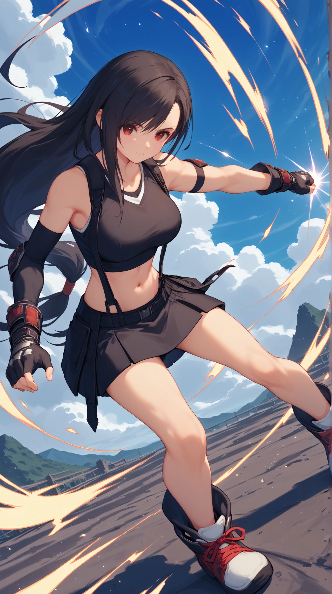 ,solo,1girl\(cute,beauty,acTif,tifa7re, brown eyes, black hair, long hair, black shirt, black tank top, zipper, black skirt, midriff, black shorts, black gloves, arm ribbon, black sneakers,fighting stance,dynamic pose, (dynamic action:1.3),(limit break:1.3),(muscularity:1.3),(athletic:1.3),muscular,toned\). background\(cosmic,lifestream,spirit energy, mana\),(dynamic angle:1.3). score_9, score_8_up, score_7_up, score_6_up, score_5_up, score_4_up, source_anime,source_furry,rating_safe,rating_questionable,masterpiece, best quality, perfect anatomy , very aesthetic , absurdres ,