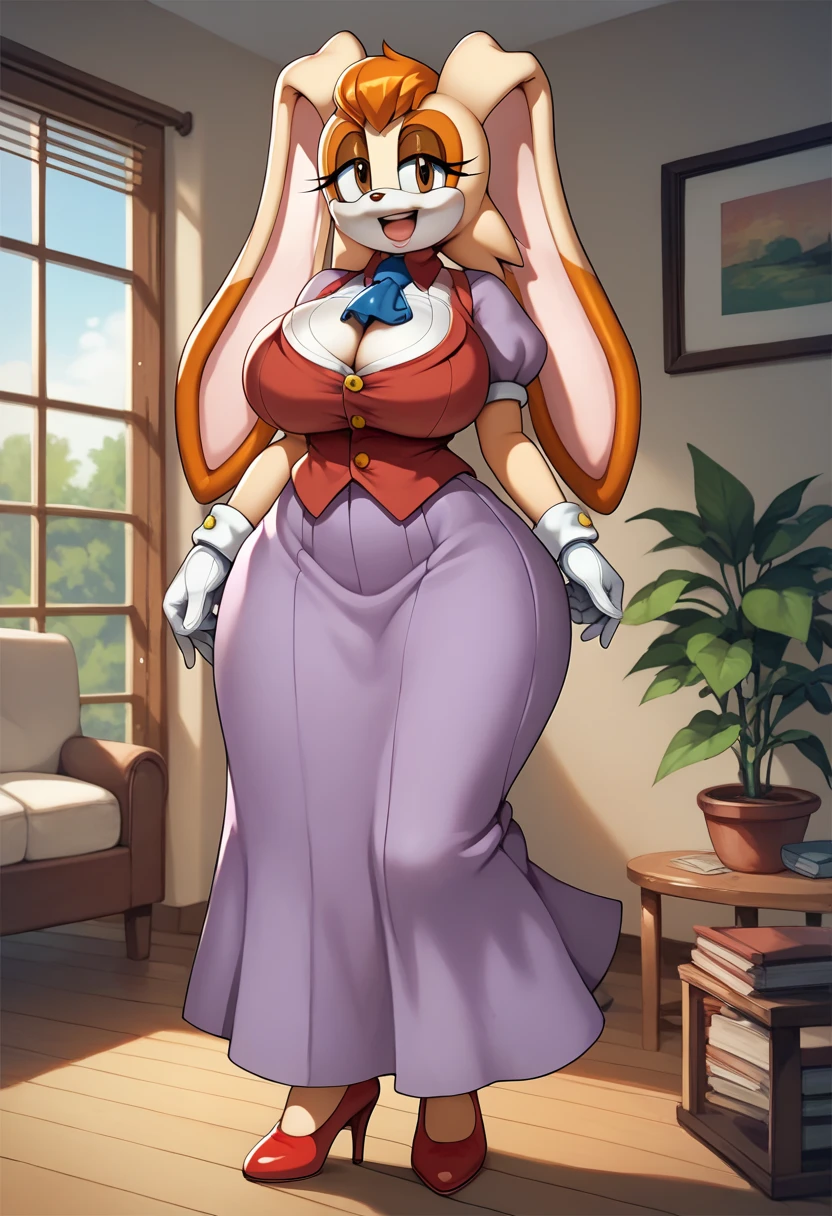 Giant soft and heavy breasts, wide hips and thick thighs, voluptuous figure, cleavage busting out of top, milf, vanilla the rabbit, long skirt, purple skirt, Blue ascot, short sleeves, puffy sleeves, collared shirt, white gloves, buttons, red vest, red heels, standing, living room, happy face, looking at viwer, full body, front view, 