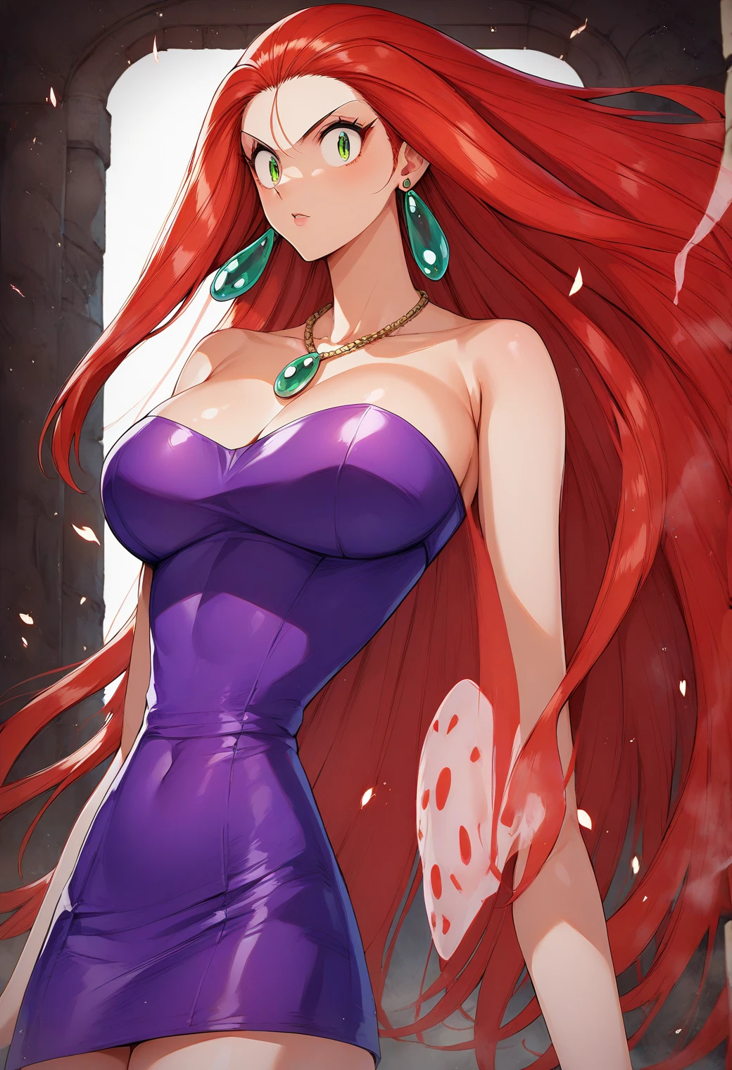 Mikami_Reiko, Green Eyes, Red Hair,  long hair, amount,  earrings for a woman alone,  Necklaces ,  clevis, Bare shoulders, Purple Dress, Short dress,  strapless dress ,  Tube Dress ,Big Breasts　Evil spirits are dispersed with a bill 、Exorcise 　Male ghost　Group　ruins　Otoko no Satan　The punch hits the devil's body　Battle with demons　 side view