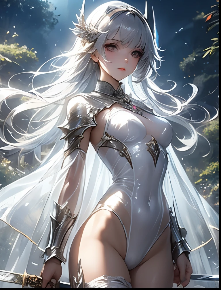 Elara the elf girl, also known as the Silver Wolf, is a descendant of an ancient royal family with powerful magic. Her experience in tracking and hunting makes her an invaluable assistant in protecting the forests of the elf kingdom. She is known for her long flowing silver-white hair and platinum eyes.She has fair skin, she has a beautiful figure with delicate skin and perfect curves of the body, with breasts like a melon.She wields a silver blade.She is wearing white clothes, black stockings and metal shoulder pads with handcuffs.
