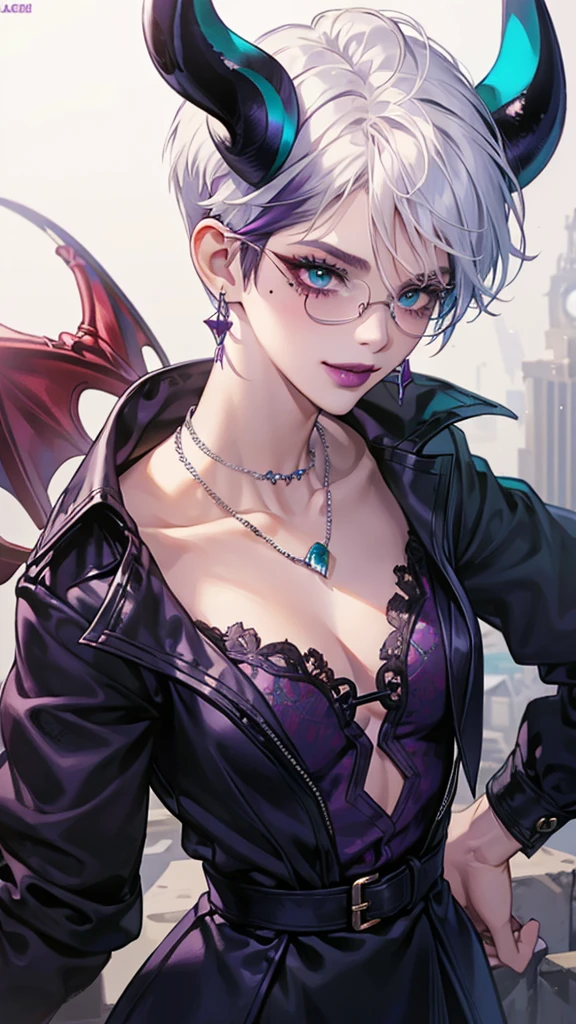 8k, masterpiece, best quality, highly detailed, 1 girl, tiefling, warlock, pixie cut, multicolored hair, very short straight hair red highlight hair on white hair, strippled hair, wearing glasses, round glasses, earrings, navel piercing, red eyeshadow, long eyelashes, blushed cheek, red lips, pearl necklace, rings, collarbone, mole on face, glamorous, teal and purple clothes, sleeveless, miniskirt, smirk, close up view, rings, looking at viewer, demon horns, solo, starry sky, pale blue moon, standing, boxing stance, demonic arms, chains on the background, black lace gloves.