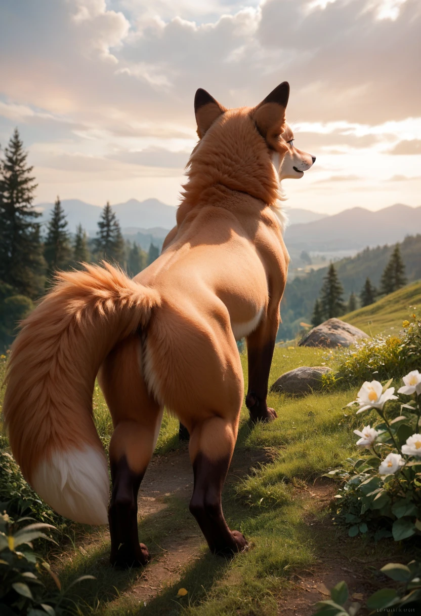 feral fox standing on the ground，Next to it is a furry animal, female furry wolf, naked, furry fantasy art, very very beautiful furry art, anatomically correct vulpine,Female fox, back view, commission for high resolution