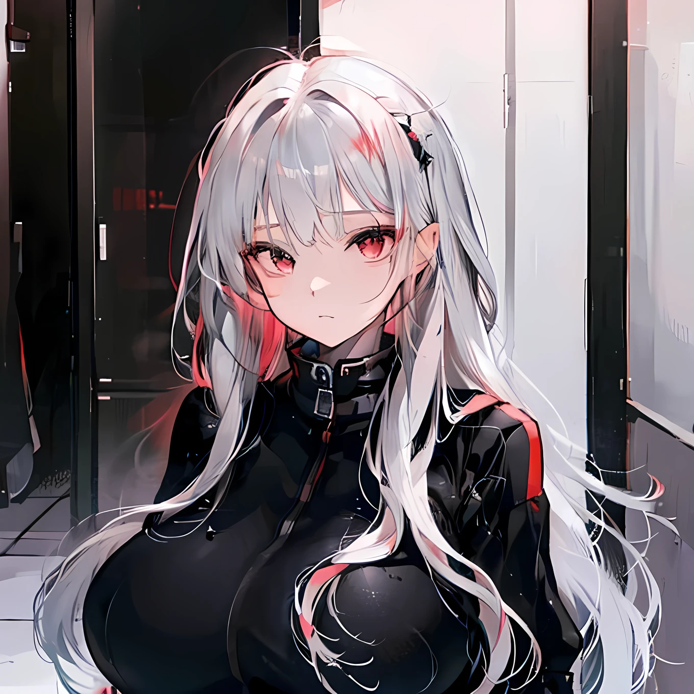 Black with red eyes, silver hair, long hair, cute face, G_CUP(BREASTS), black death suit, 