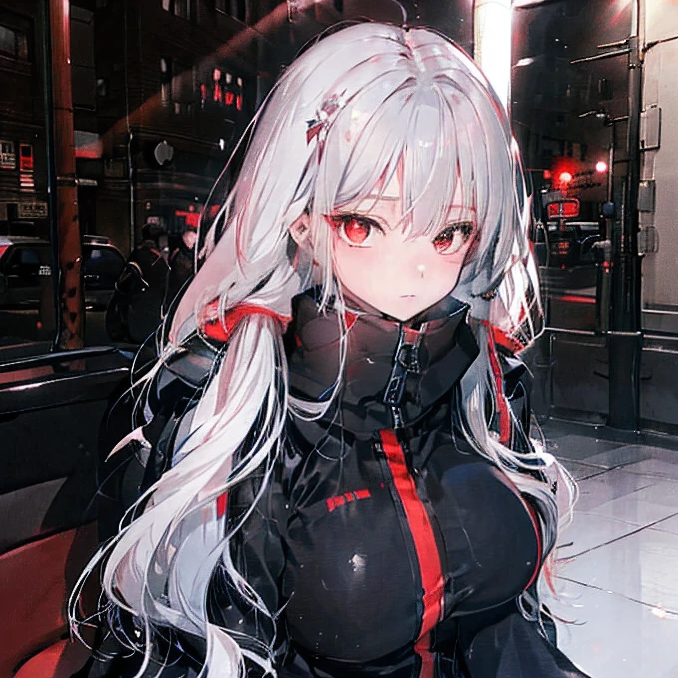 Black with red eyes, silver hair, long hair, cute face, G_CUP(BREASTS), black death suit, 