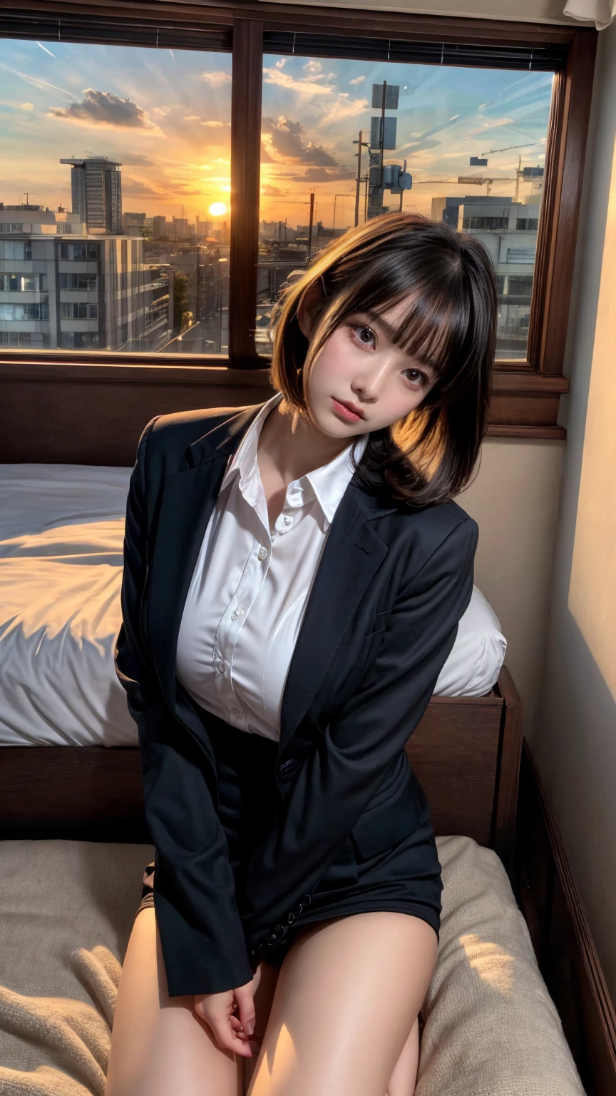 absurdres, RAW photo, extremely delicate and beautiful, masterpiece, Best Quality, ultra high resolution, 32k, hyperrealistic, ultra-detailed, perfect figure, Perfect Style, Perfect balance, in her 20s, very small head, very small face, delicate facial features, tearful mole, earring, very huge breasts, full body shot, bare legs, medium hair, black hair, business suit, jacket, blouse, short skirt,