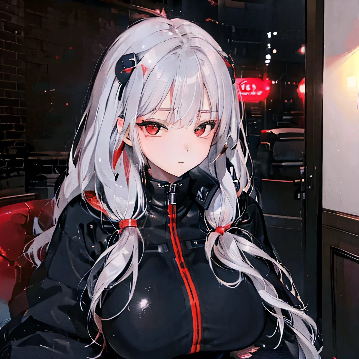 Black with red eyes, silver hair, long hair, cute face, G_CUP(BREASTS), black death suit, 