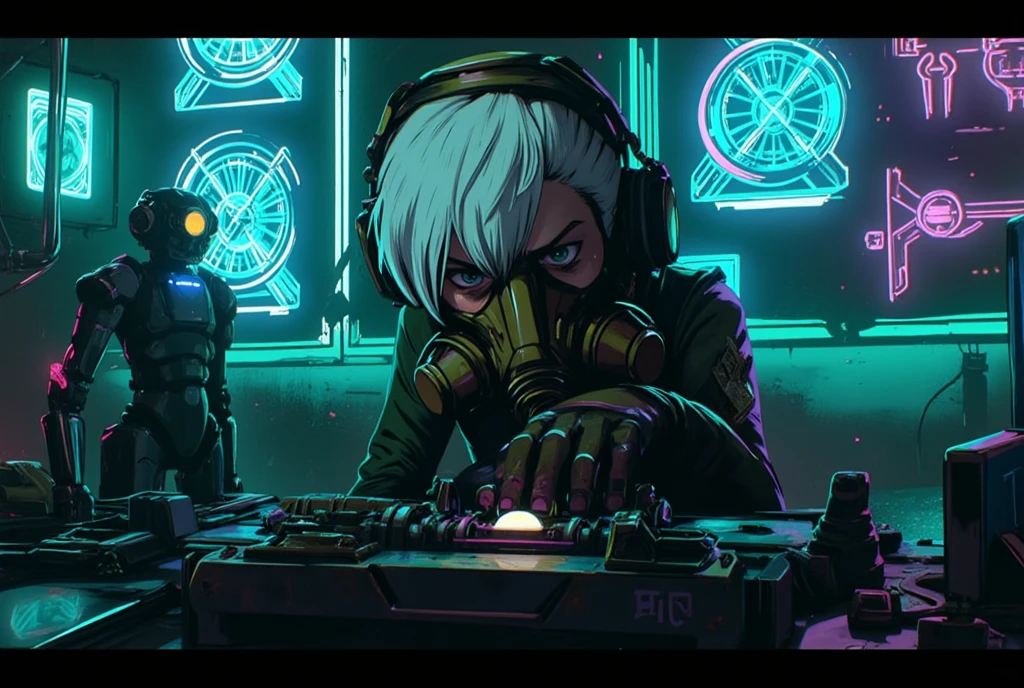 A futuristic cyberpunk setting featuring a person with short white hair wearing large headphones and a gas mask, intently working on a complex electronic device. The workspace is cluttered with high-tech gadgets, tools, and holographic displays showcasing intricate designs and data. Dim, atmospheric lighting casts shadows on the walls adorned with neon signs and a stylized robot figure in the background, adding to the technological ambiance. The mood is immersive and energetic, capturing the essence of advanced technology and creativity.