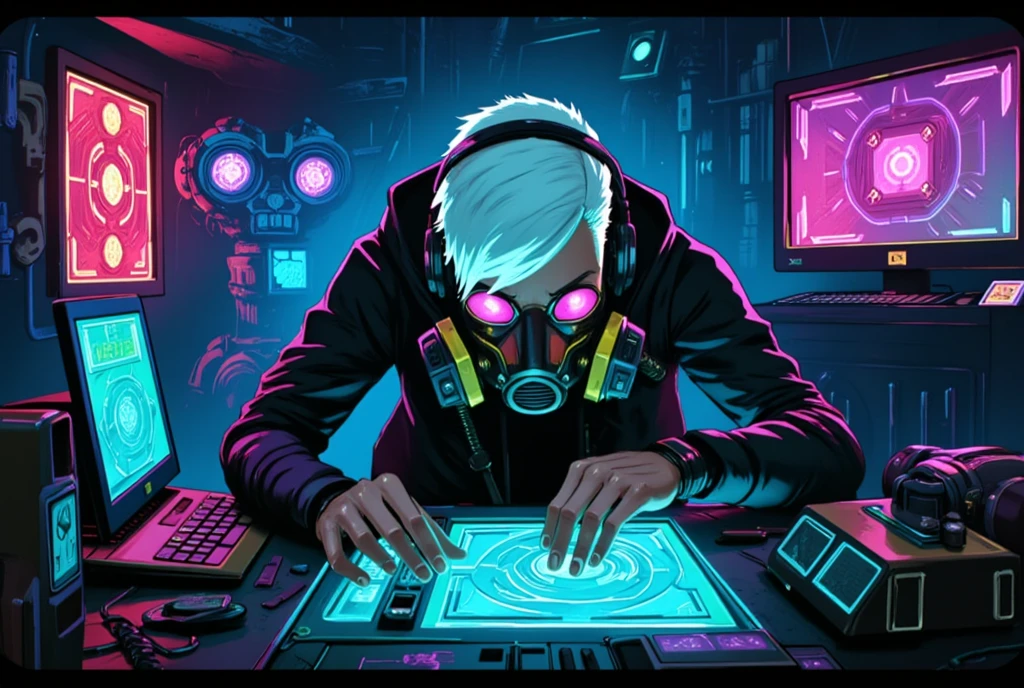 A futuristic cyberpunk setting featuring a person with short white hair wearing large headphones and a gas mask, intently working on a complex electronic device. The workspace is cluttered with high-tech gadgets, tools, and holographic displays showcasing intricate designs and data. Dim, atmospheric lighting casts shadows on the walls adorned with neon signs and a stylized robot figure in the background, adding to the technological ambiance. The mood is immersive and energetic, capturing the essence of advanced technology and creativity.