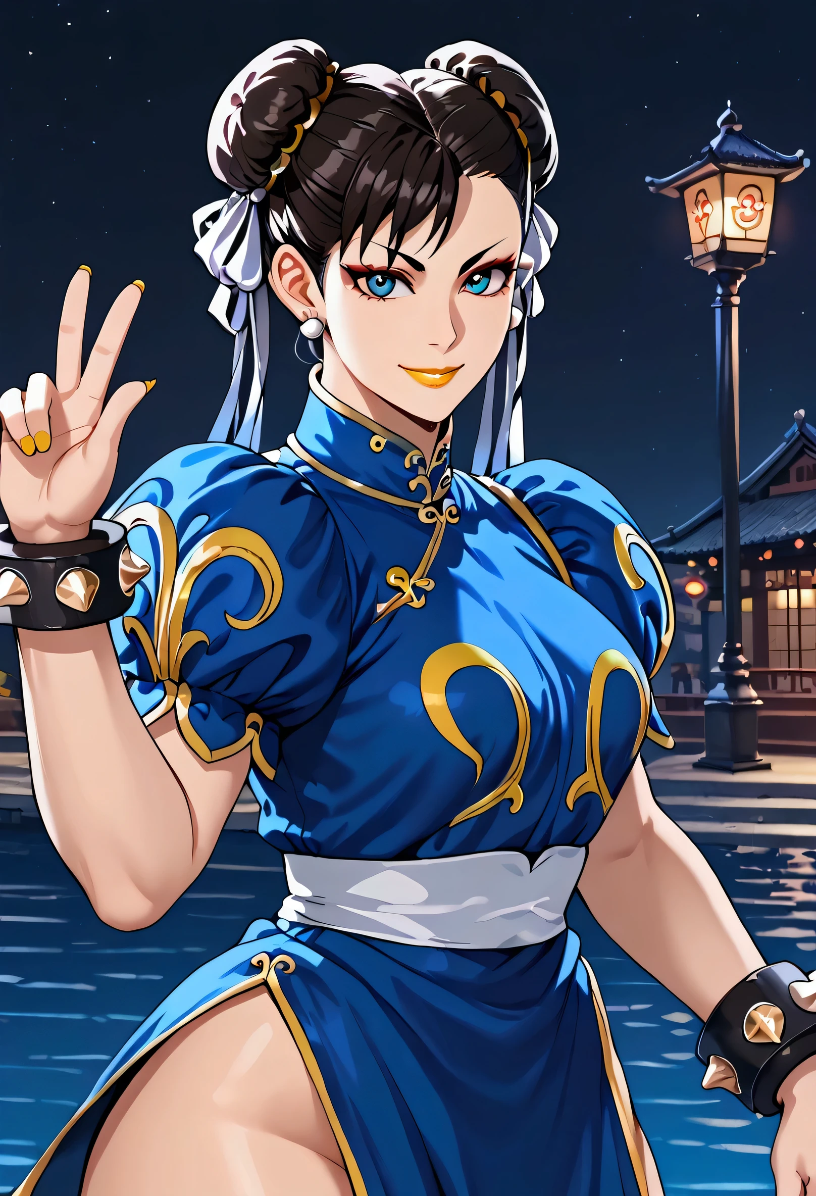 (masterpiece, best quality)), 1 girl, solo, Chun Li, beautiful night street background, smile, golden lipstick