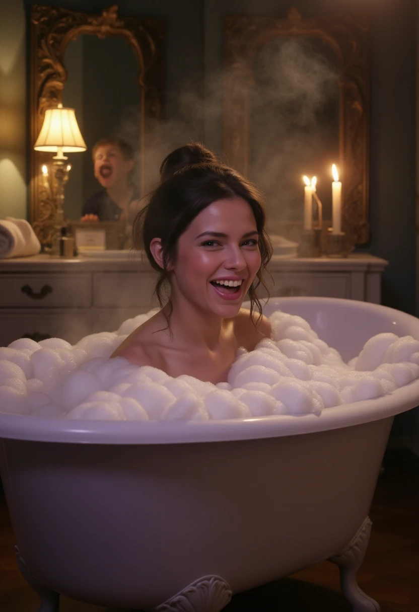 the picture would be of me in a relaxed state, mid-laugh, with a look of surprise on my face. The bathroom would be dimly lit, with candles flickering and the scent of lavender bubbles filling the room. I'd be in a bubble bath, the water up to my neck, wearing nothing but a playful expression. The tub is large and claw-footed, with a vintage vibe that adds a touch of humor to the situation. My hair would be piled on top of my head, with a few strands escaping to frame my face. The water is steaming, hinting at the warmth and comfort of my sanctuary being momentarily interrupted. The background would show a partially open bathroom door, with the blurred figure of my nephew standing there, his eyes wide with shock and his hand still reaching for the doorknob. His cheeks are rosy, and the look on his face is a mix of horror and amusement. The tub is surrounded by plush towels and luxurious bath products, which only add to the stark contrast of the intrusion.